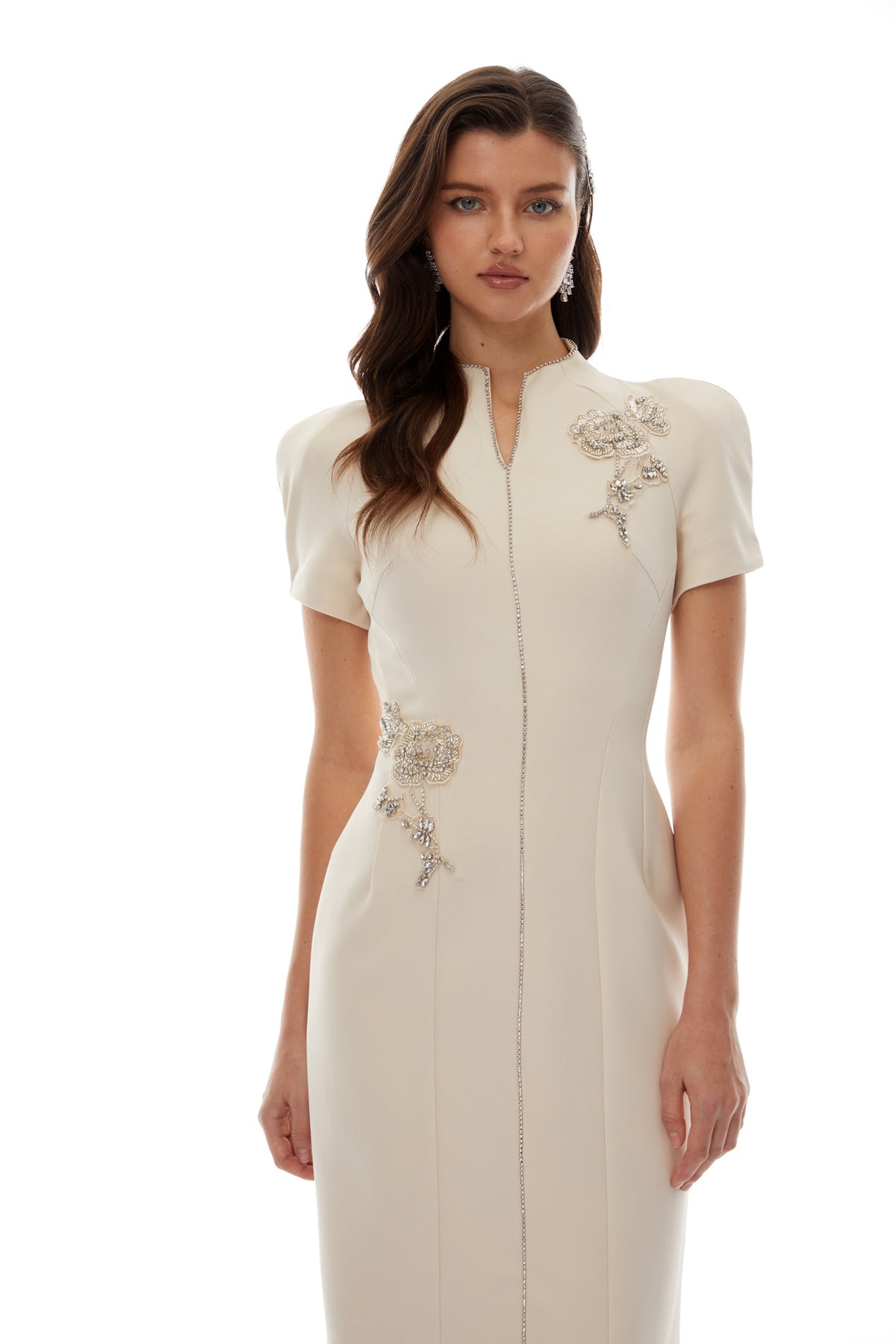 Quintella Neutral Floral Crystal Midi Dress