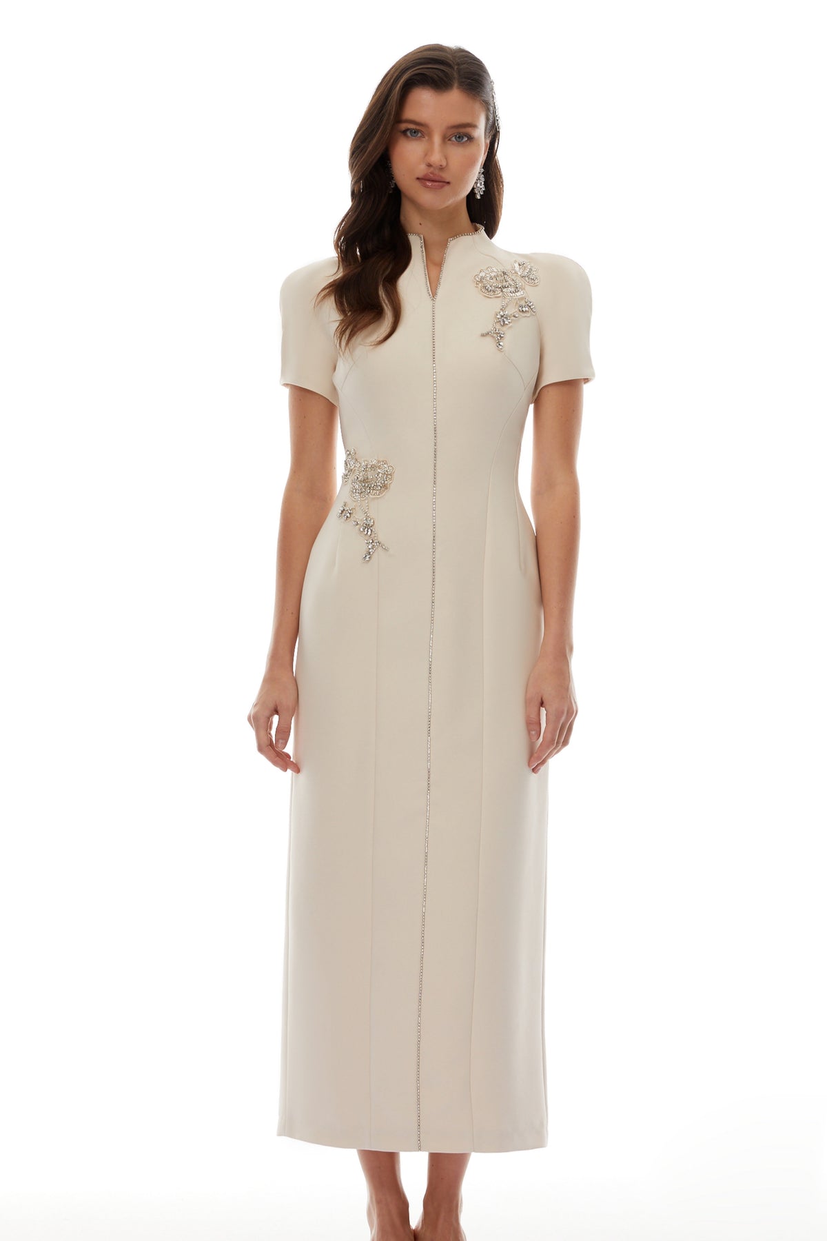 Quintella Neutral Floral Crystal Midi Dress