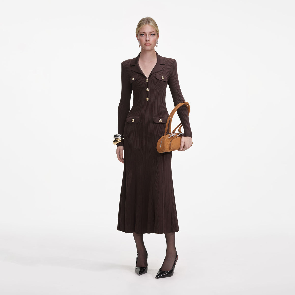 Angelina Brown Viscose Rib Knit Midi Dress