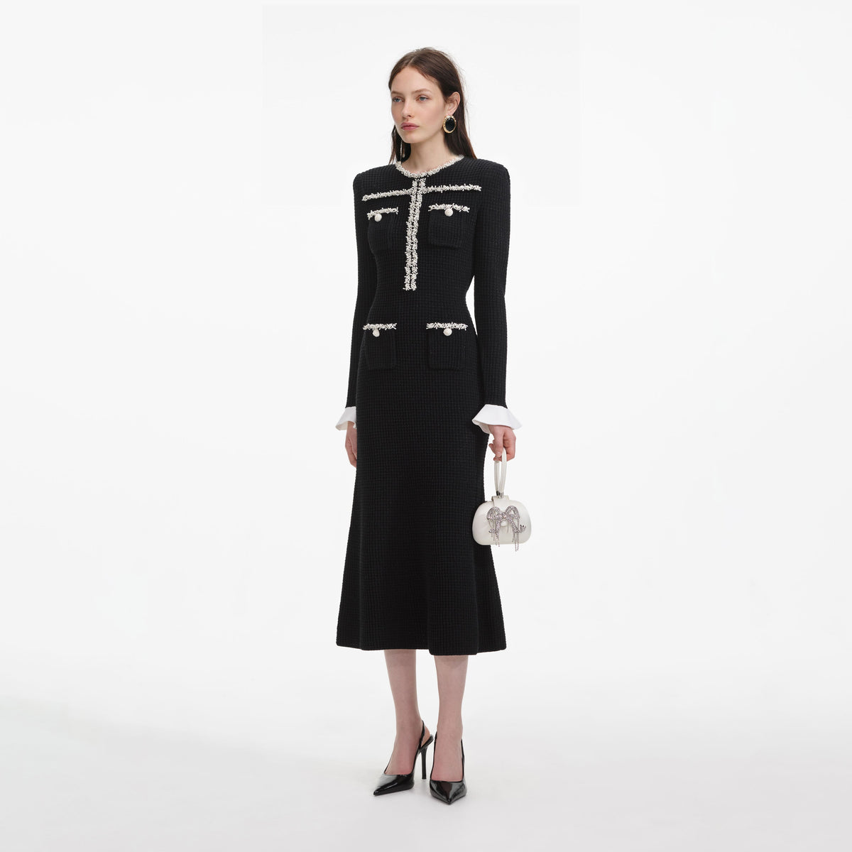 Black Pearl Trim Knit Midi Dress
