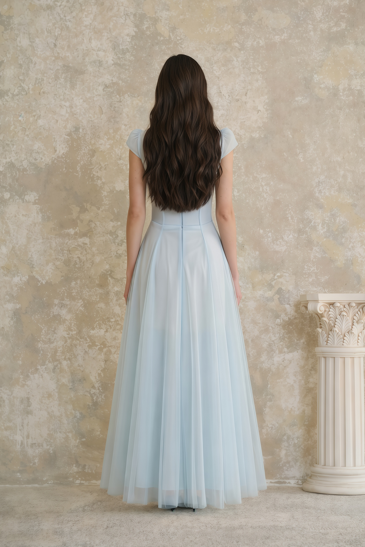 Radiya Blue Floral Lace Pleated Maxi Dress