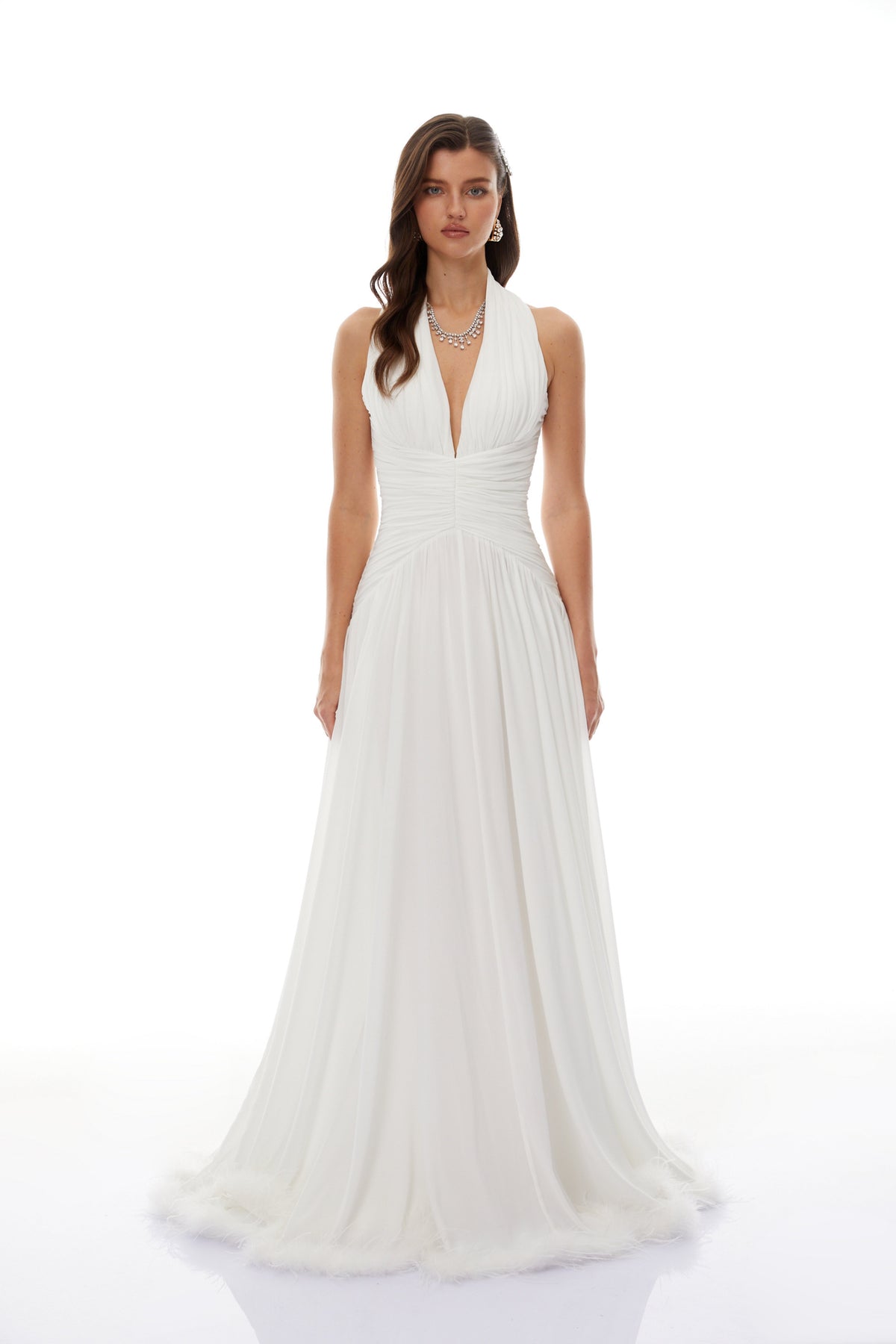 Ramona White Feather Hem Gathered Maxi Dress (Final Sale-US Only)