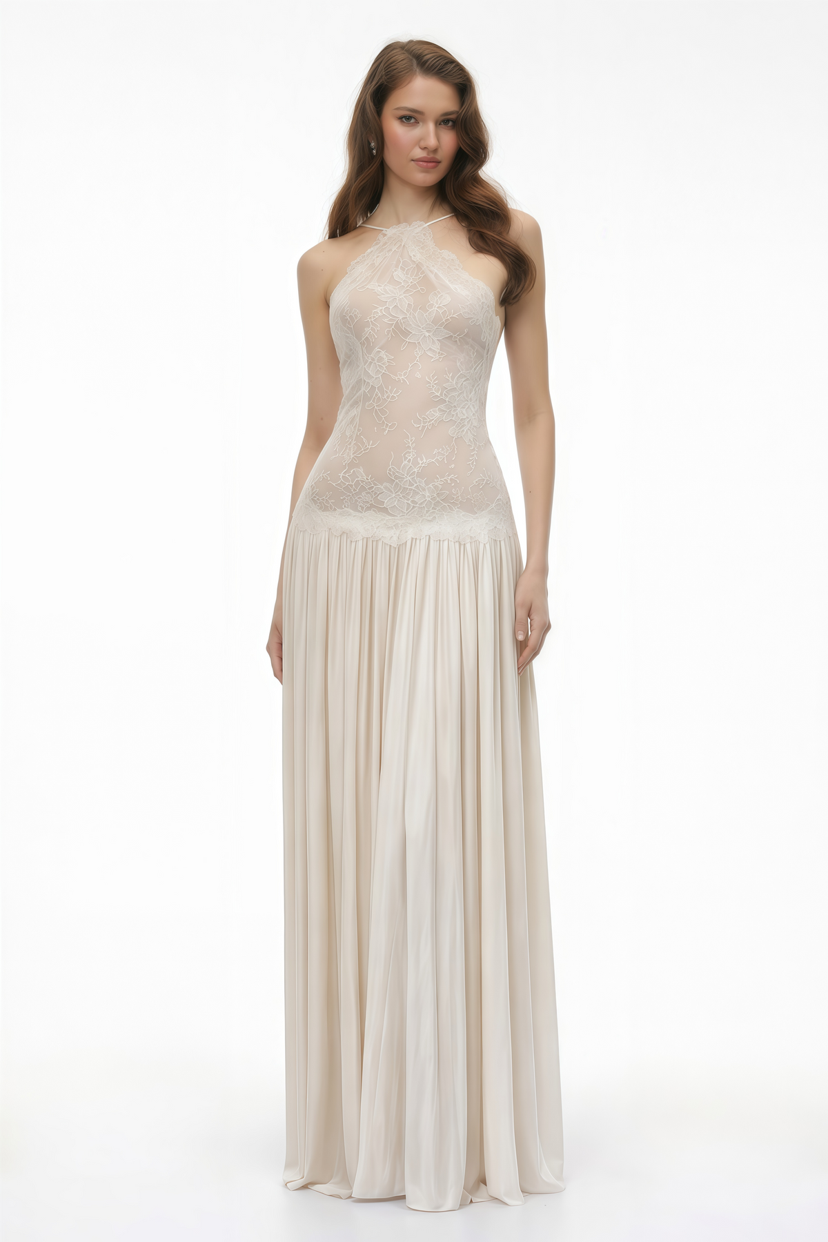 Reine White Pleated Maxi Dress with Lace Panels