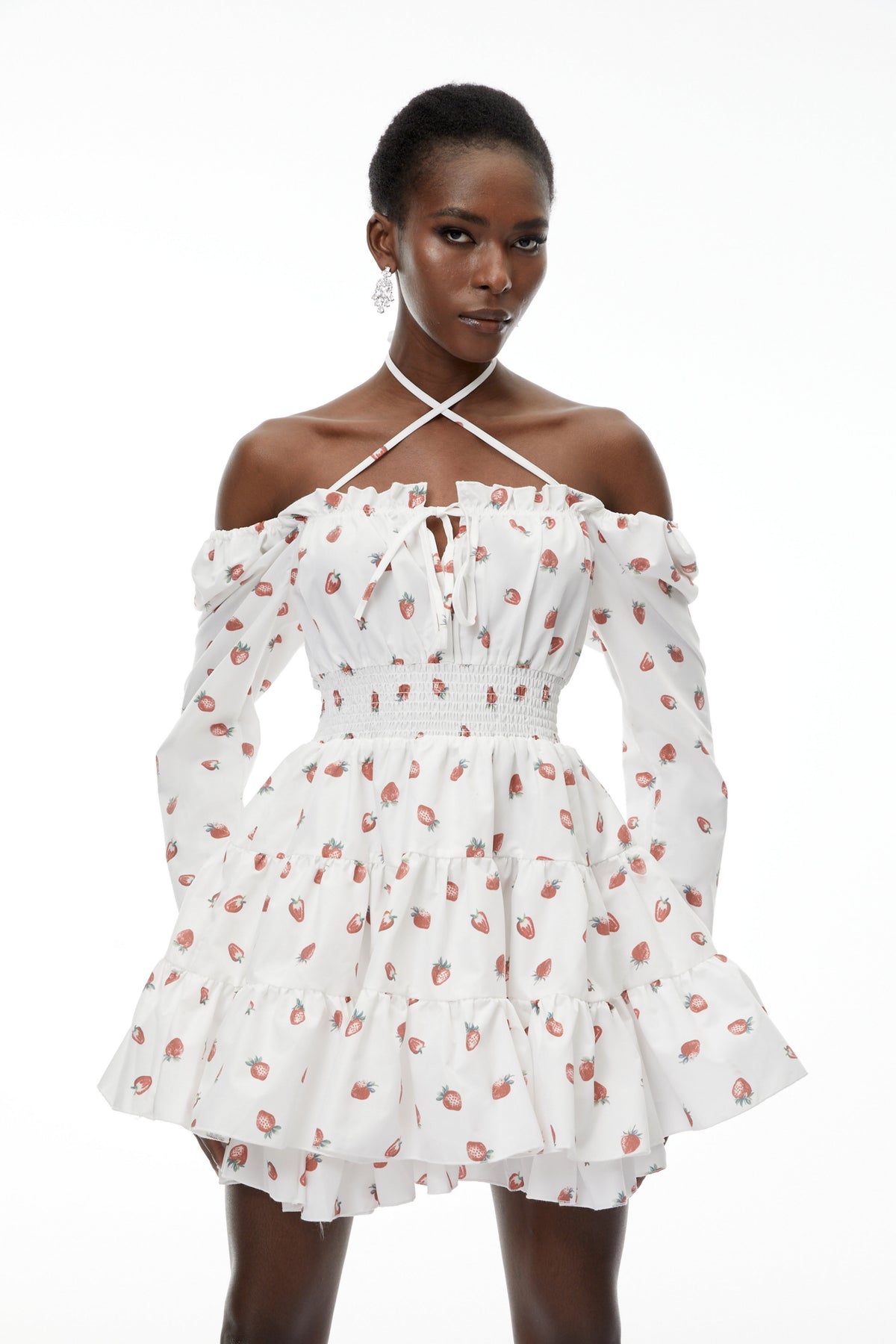 Renée White Strawberry Print Tiered Mini Dress