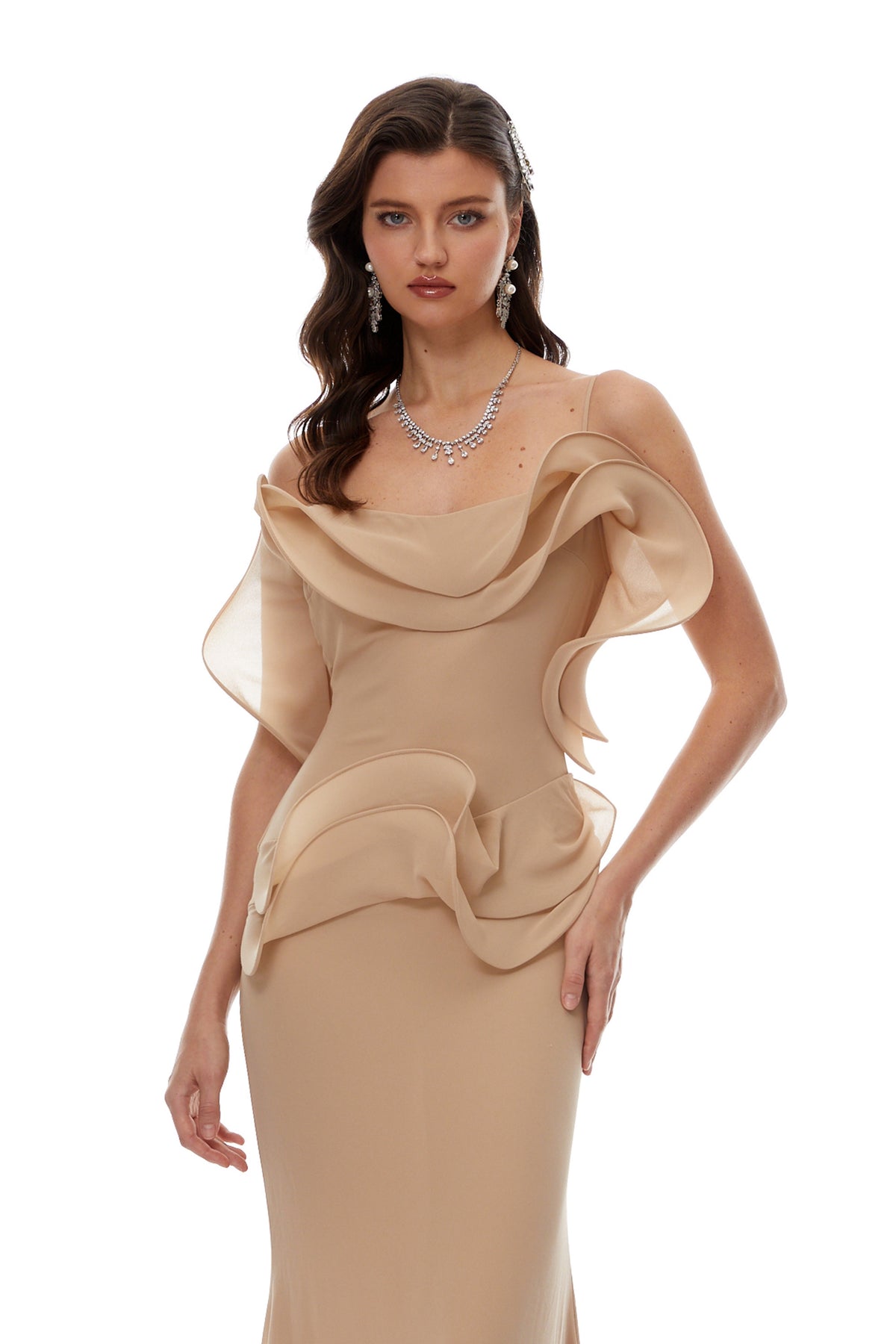 Retha Neutral Ruffled Corset Maxi Dress
