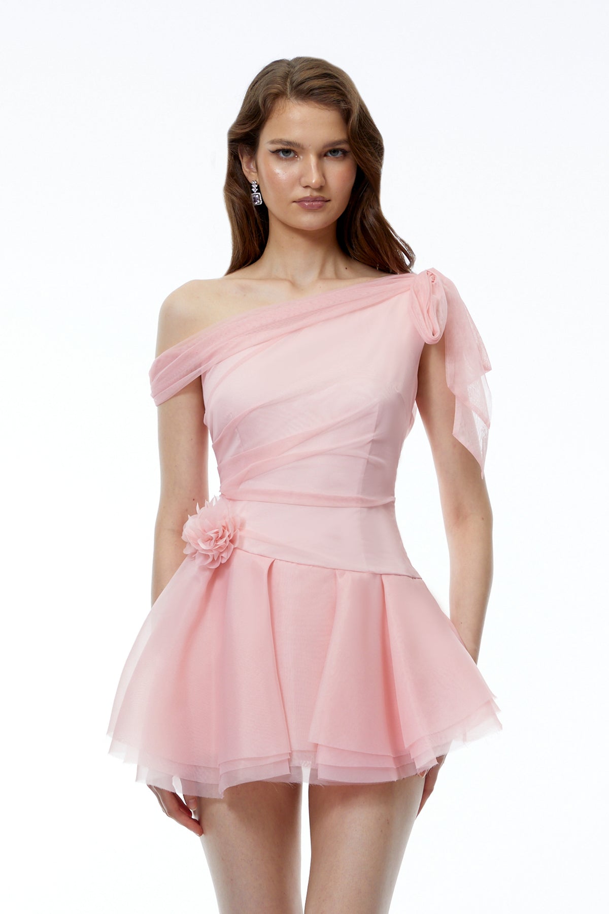 Rhea Pink One Shoulder Tulle Ruffled Mini Dress