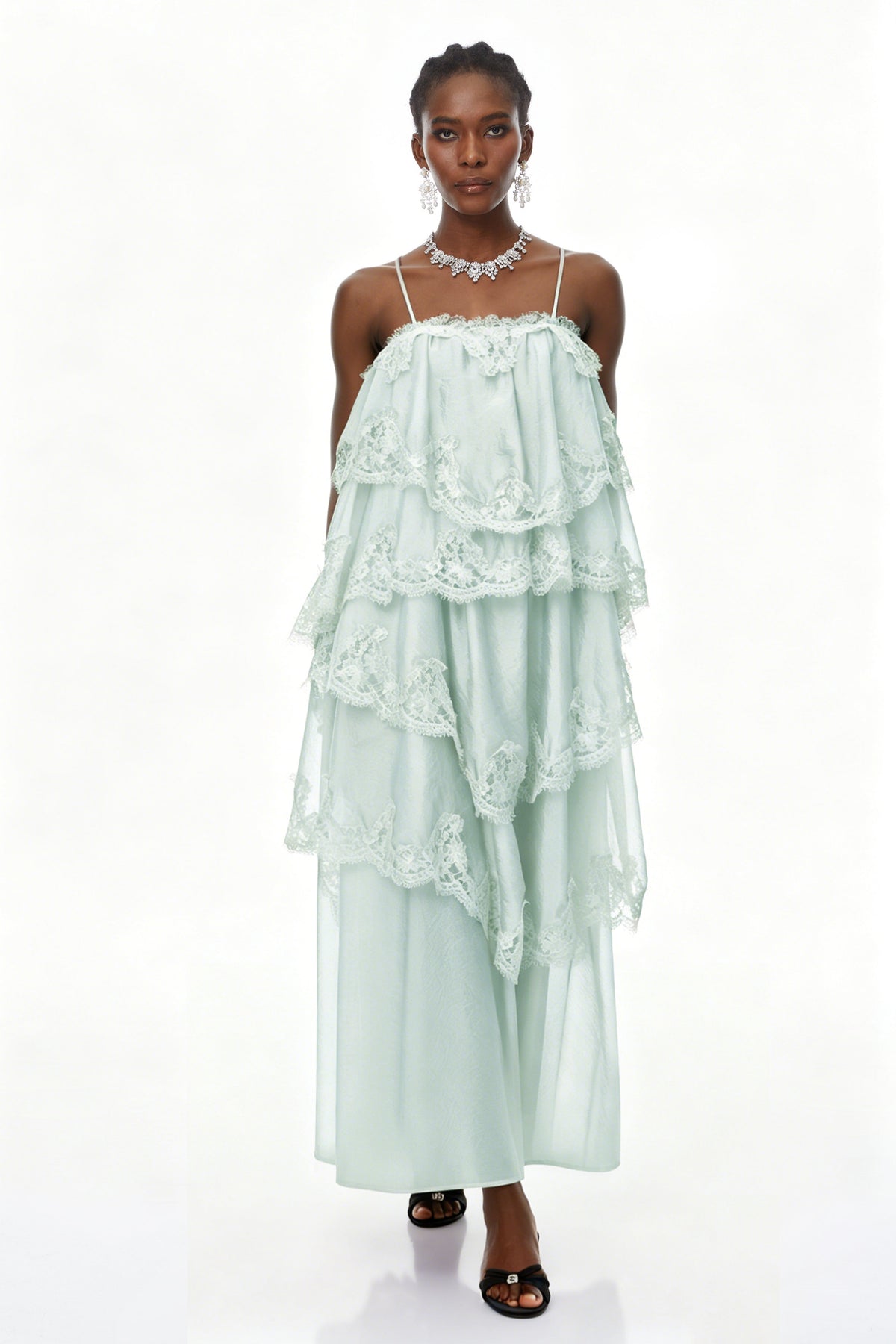 Rhema Mint Green Tiered Maxi Dress with Lace Trim