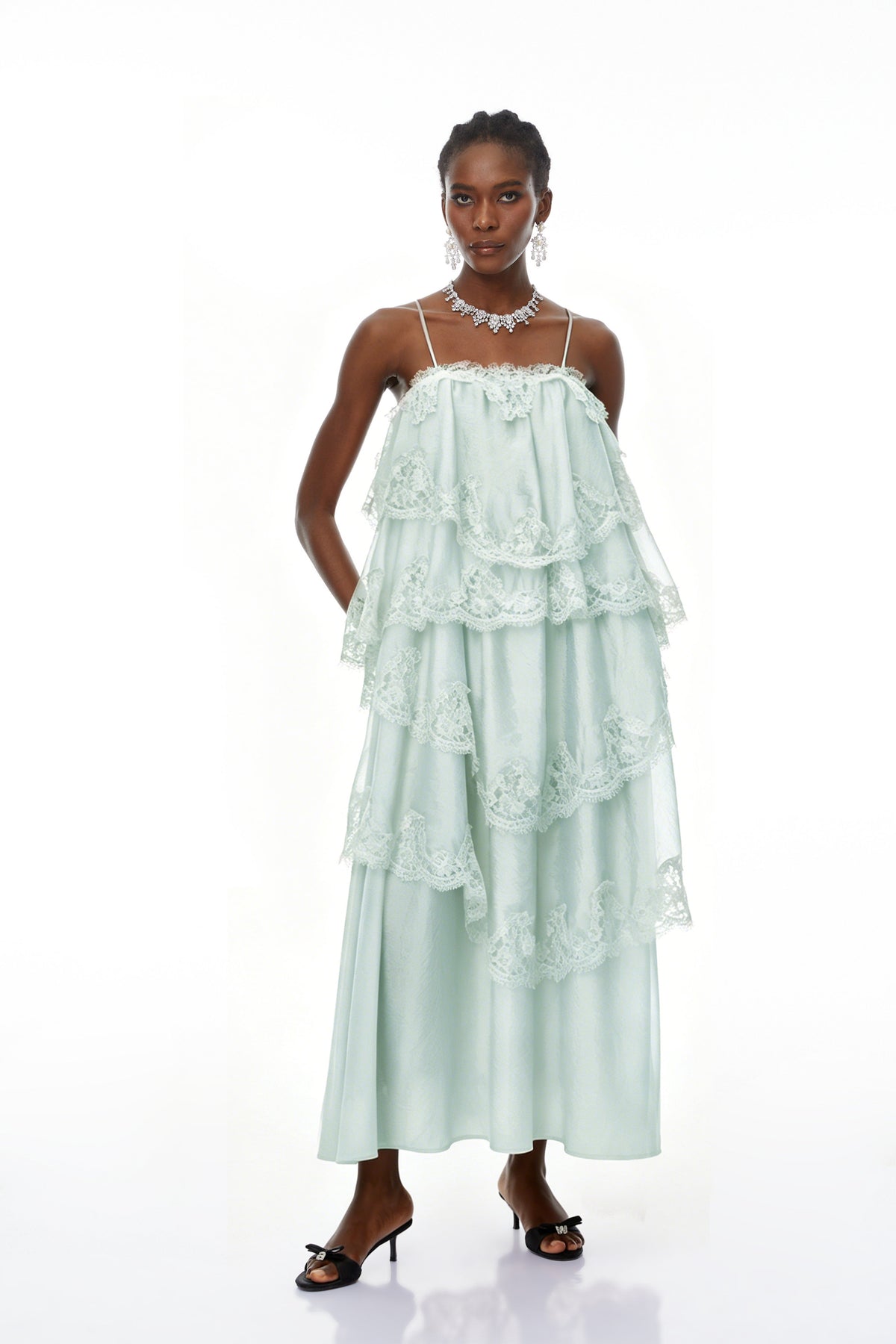 Rhema Mint Green Tiered Maxi Dress with Lace Trim