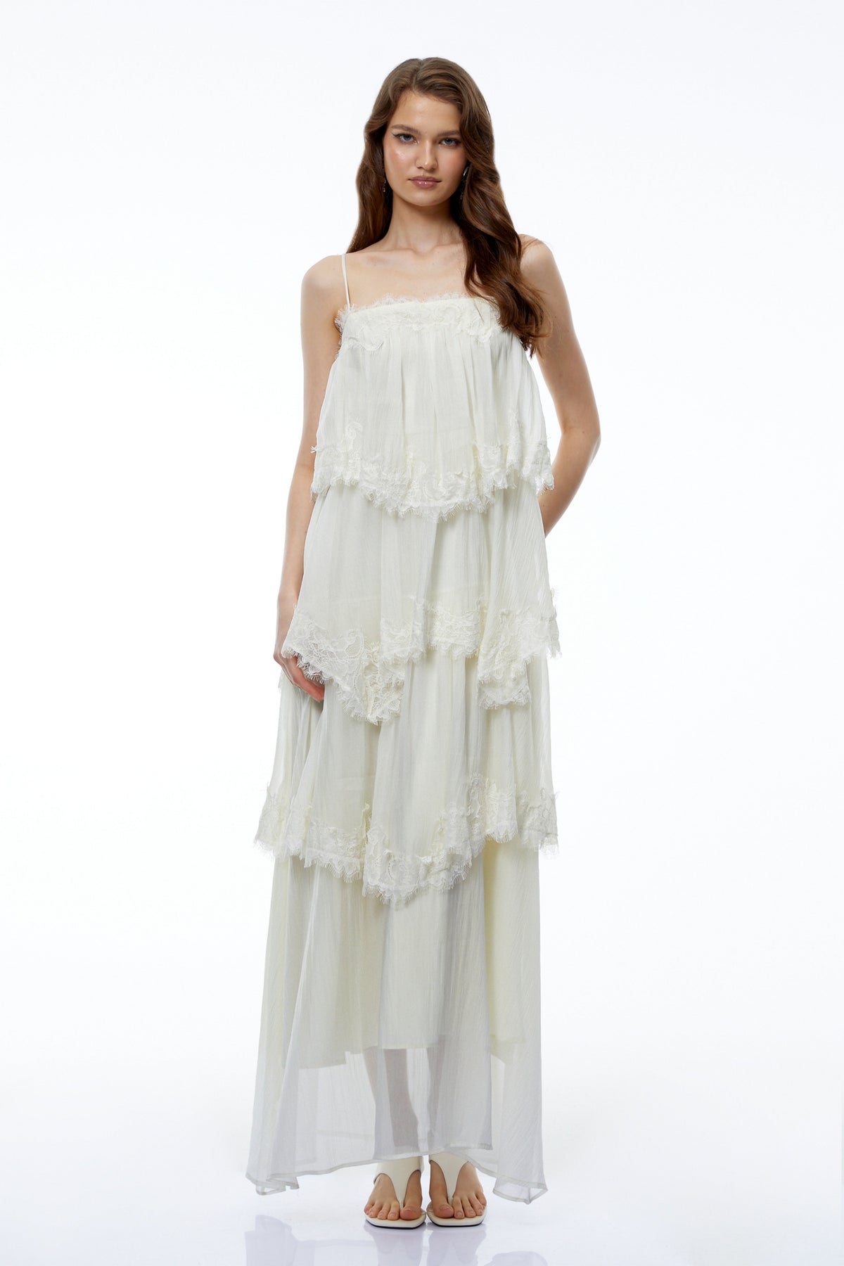 Rhema White Tiered Maxi Dress with Lace Trim