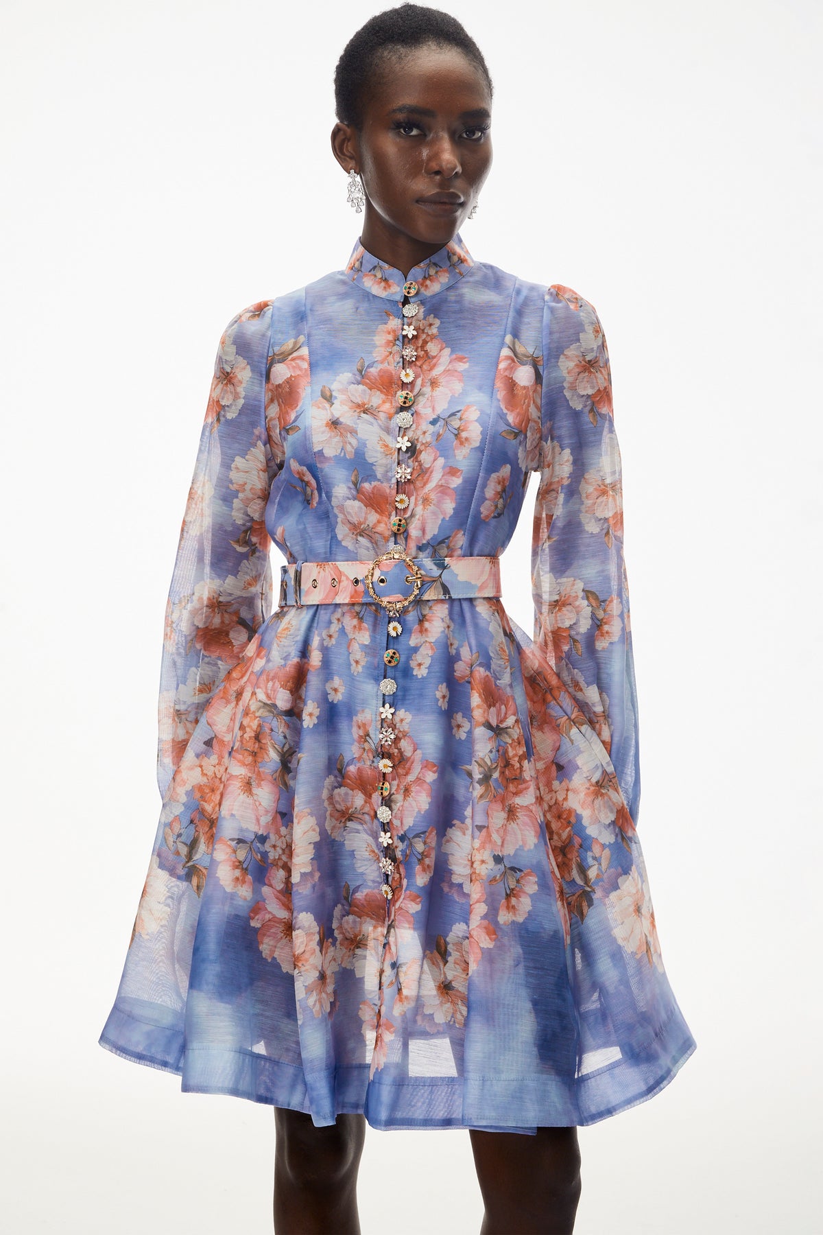 Rhode Dusty Blue Floral Print Mini Dress with Belt