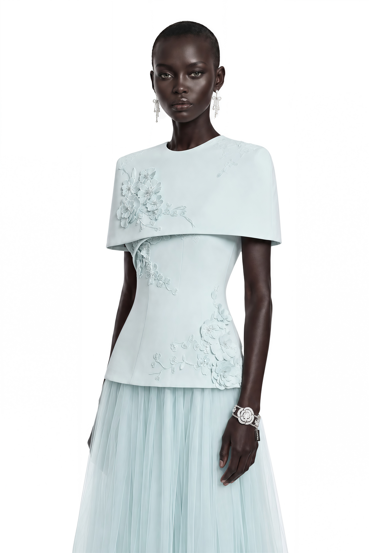 Rosalind Blue Mesh Midi Dress with Cape