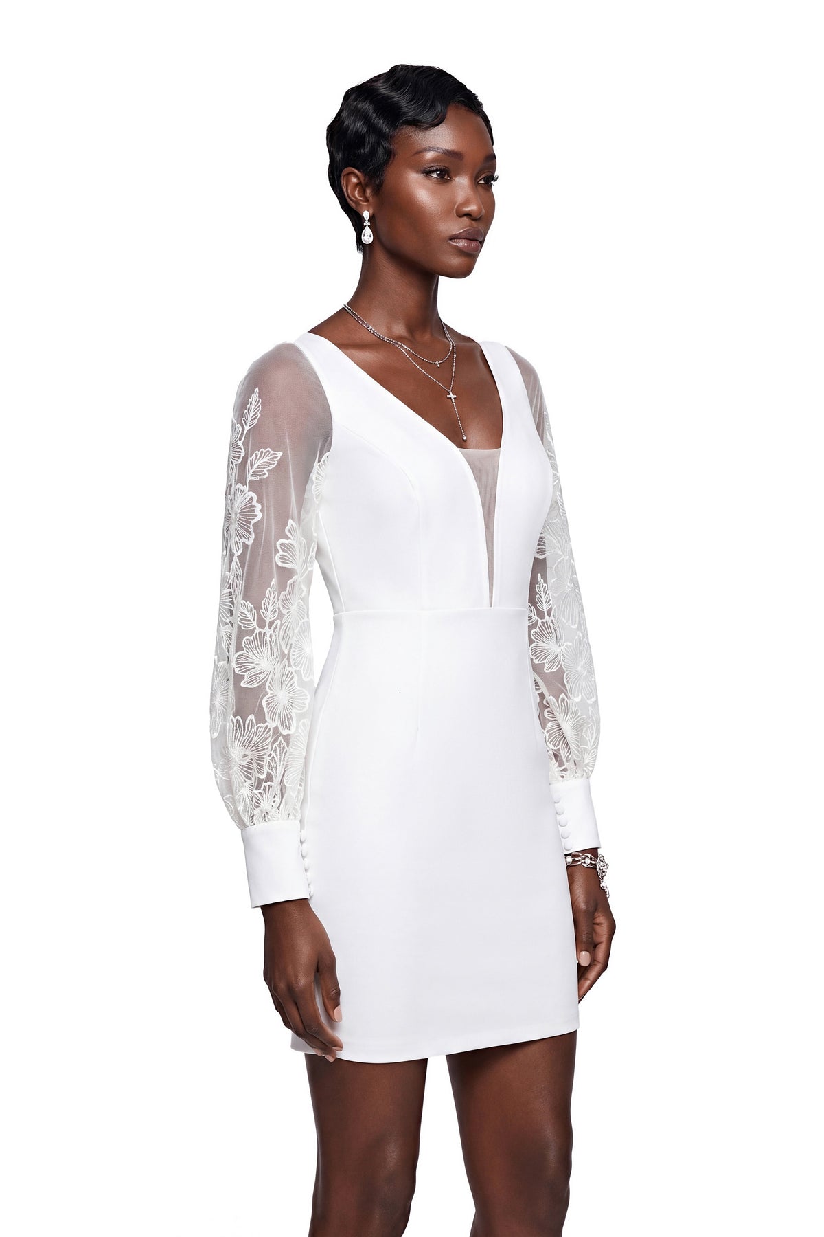 Rosalind White V-Neck Puff Sleeve Mini Dress