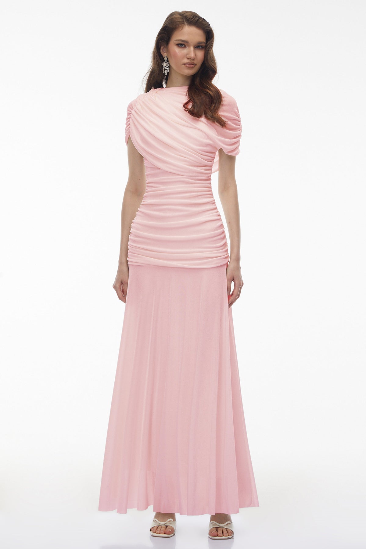 Rosalyn Pink Crew Neck Ruched Maxi Dress