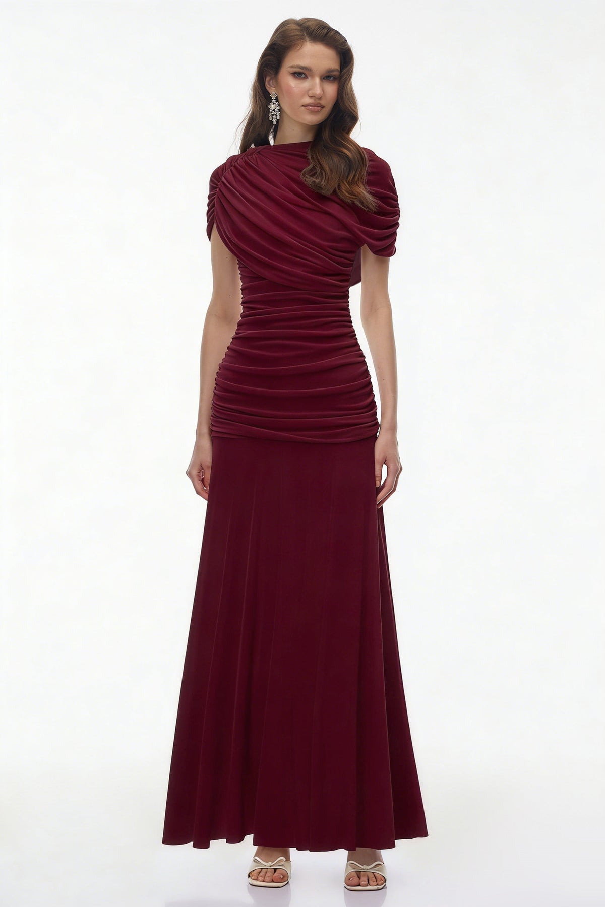 Rosalyn Red Crew Neck Ruched Maxi Dress
