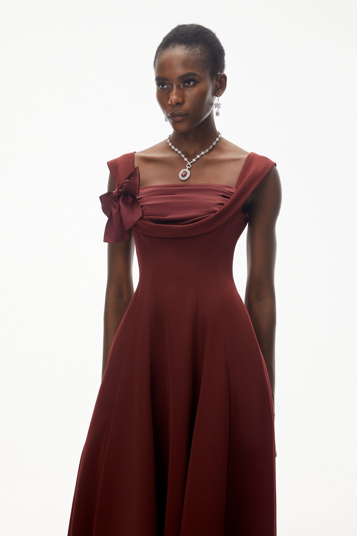 Roshanak Burgundy Ruched Midi Dress with Bow
