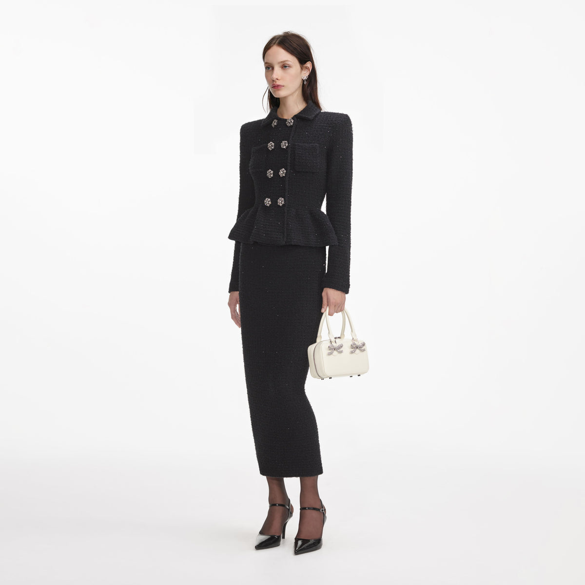 Black Textured Knit Peplum Midi Dress