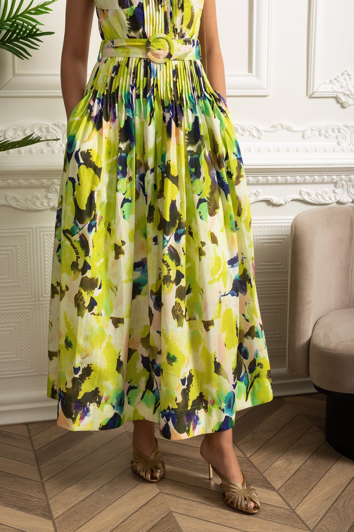 Pleated Bust Belted Midi Dress with Spaghetti Straps - Yellow