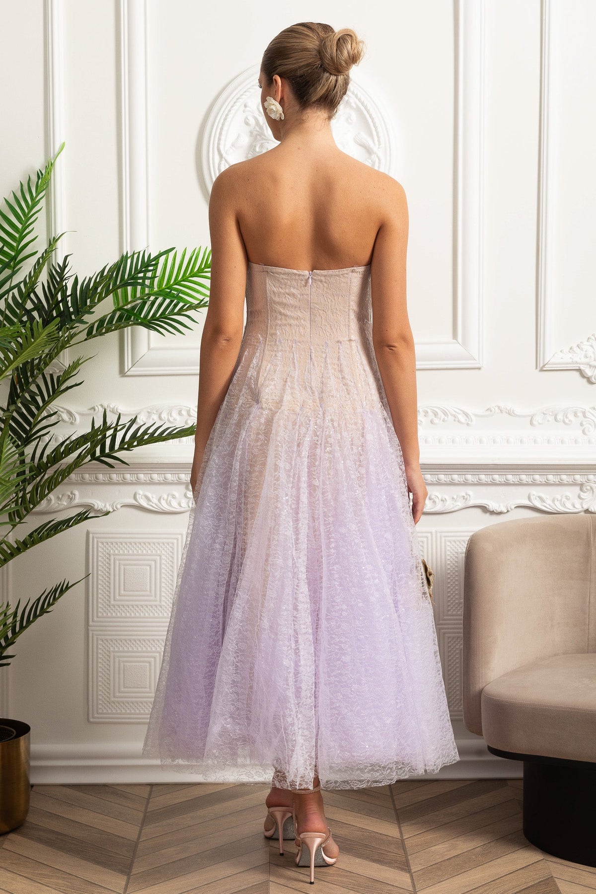 Strapless A-Line Midi Dress With Shimmery Textured Overlay - Lilac Gradient