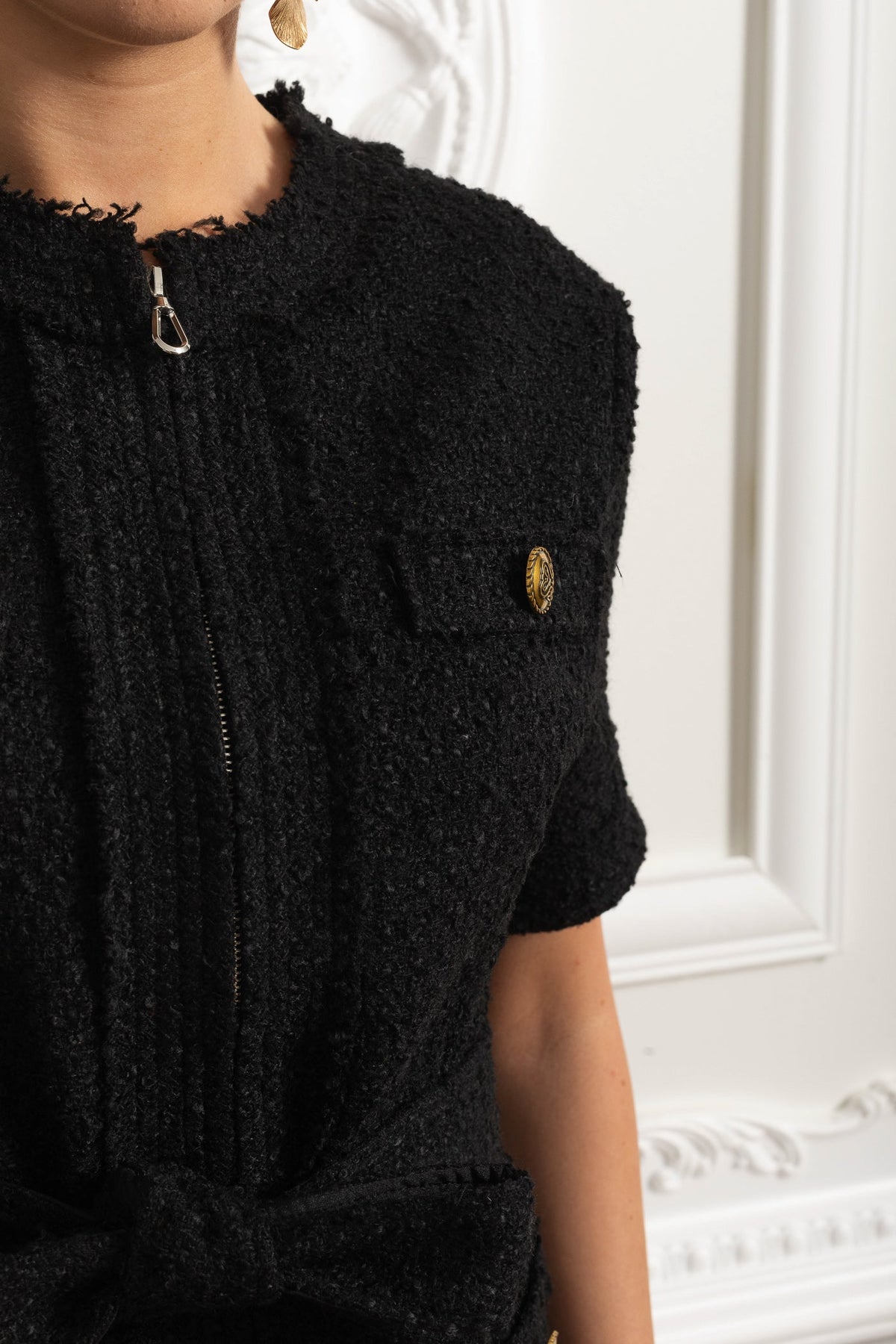 Bouclé Mini Dress With Belted Waist And Pleated Hem - Black
