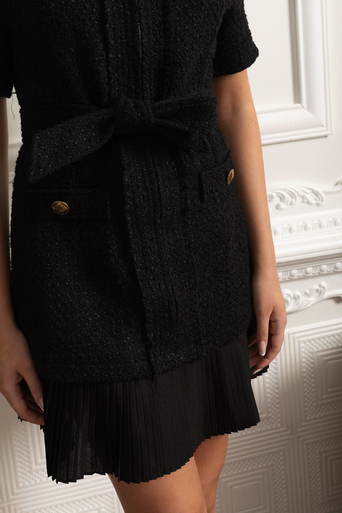 Bouclé Mini Dress With Belted Waist And Pleated Hem - Black