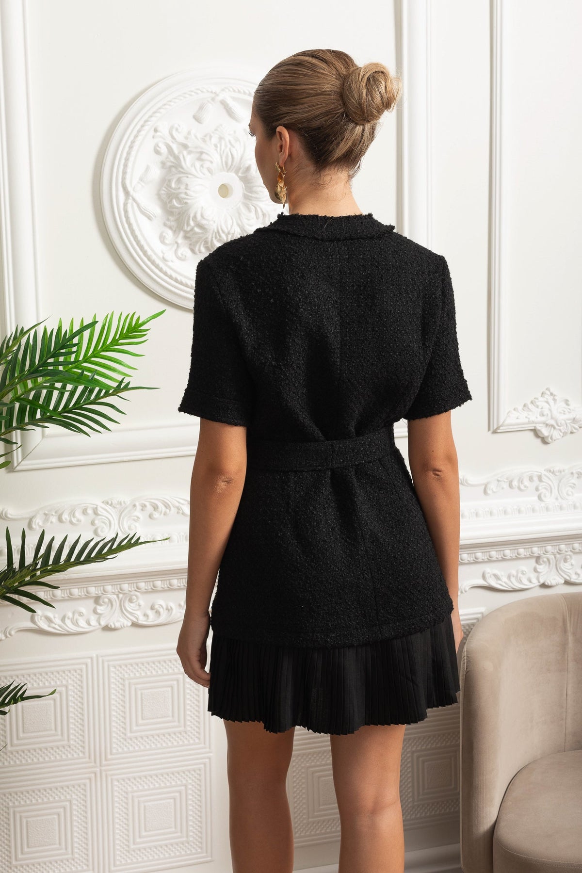 Bouclé Mini Dress With Belted Waist And Pleated Hem - Black