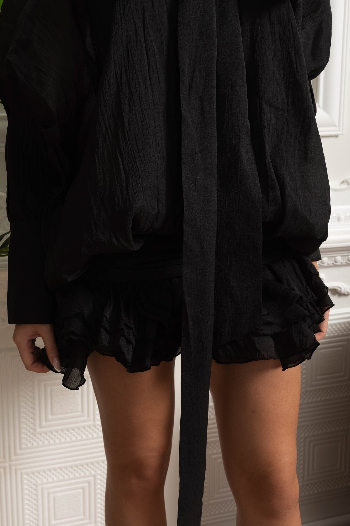 Sheer Bow-Neck Ruffle Mini Dress - Black