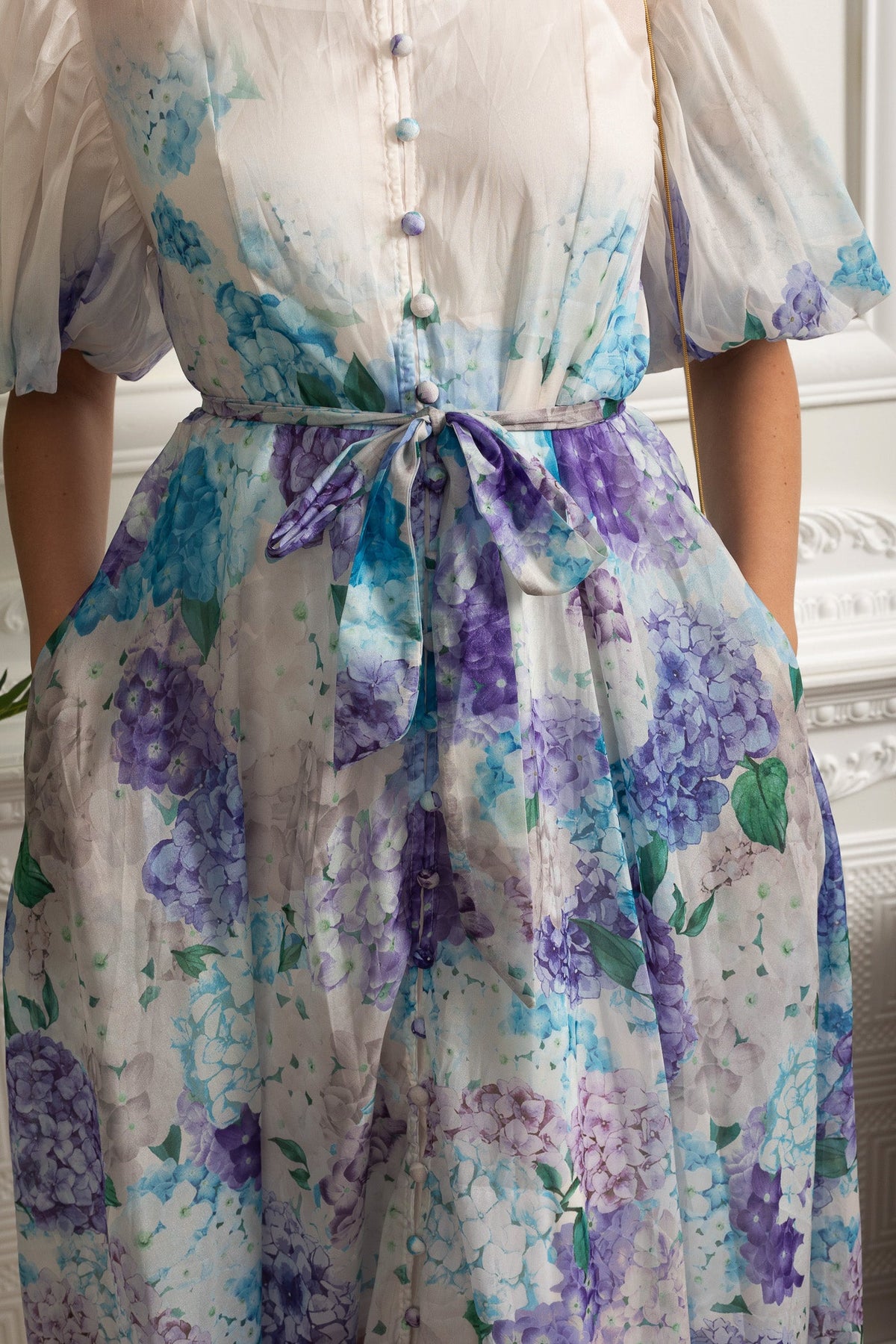 Sheer Silk Midi Shirt Dress with Botanical Motif and Tie Belt - White/Blue