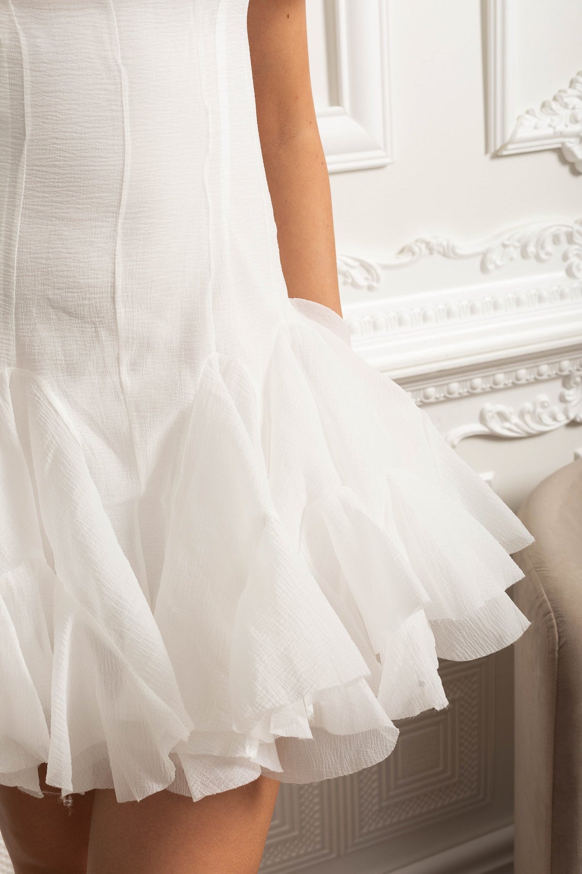 Off-Shoulder Mini Dress with Ruffled Organza Trim - White