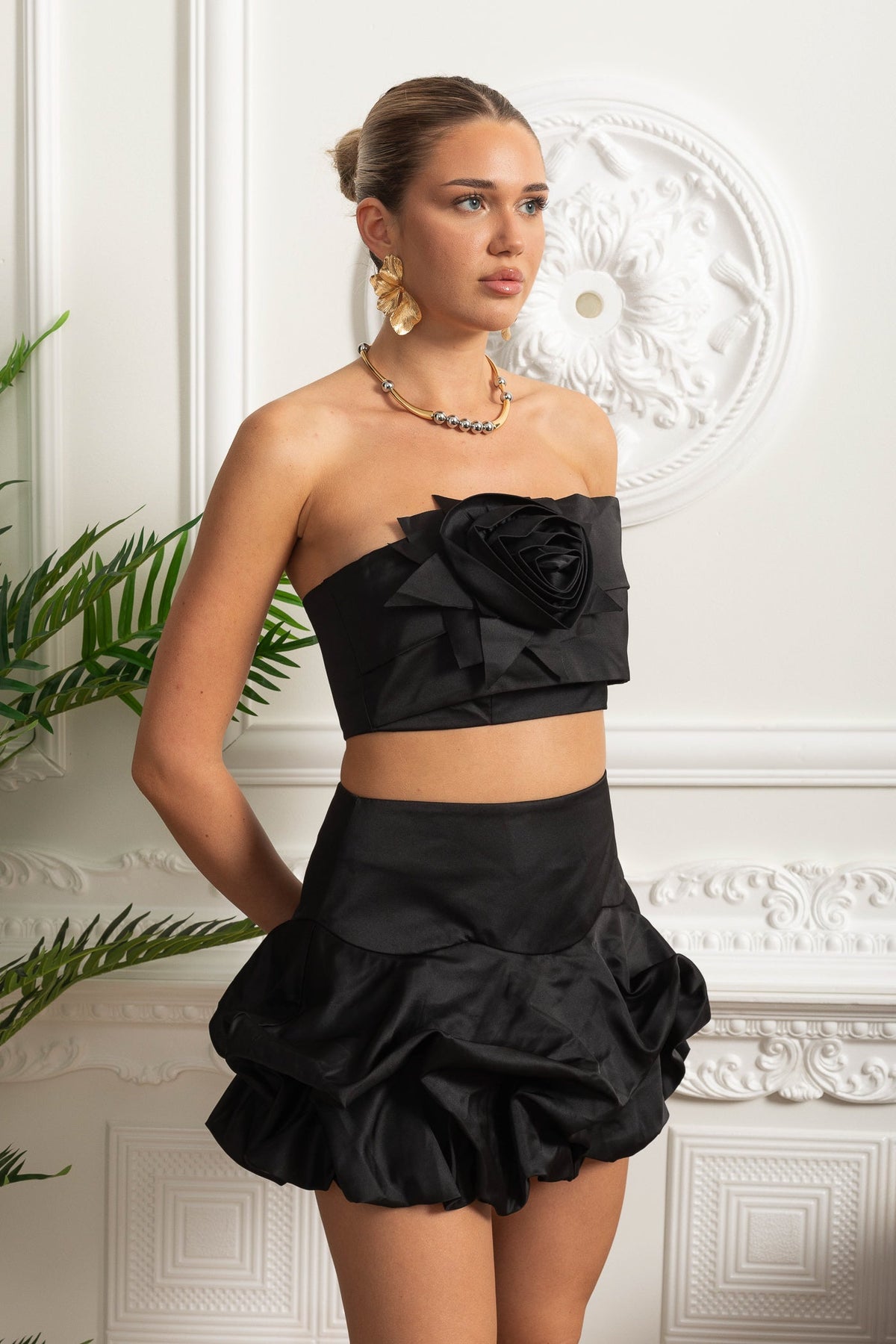 Satin 3D Rosette Co-Ord Set - Black
