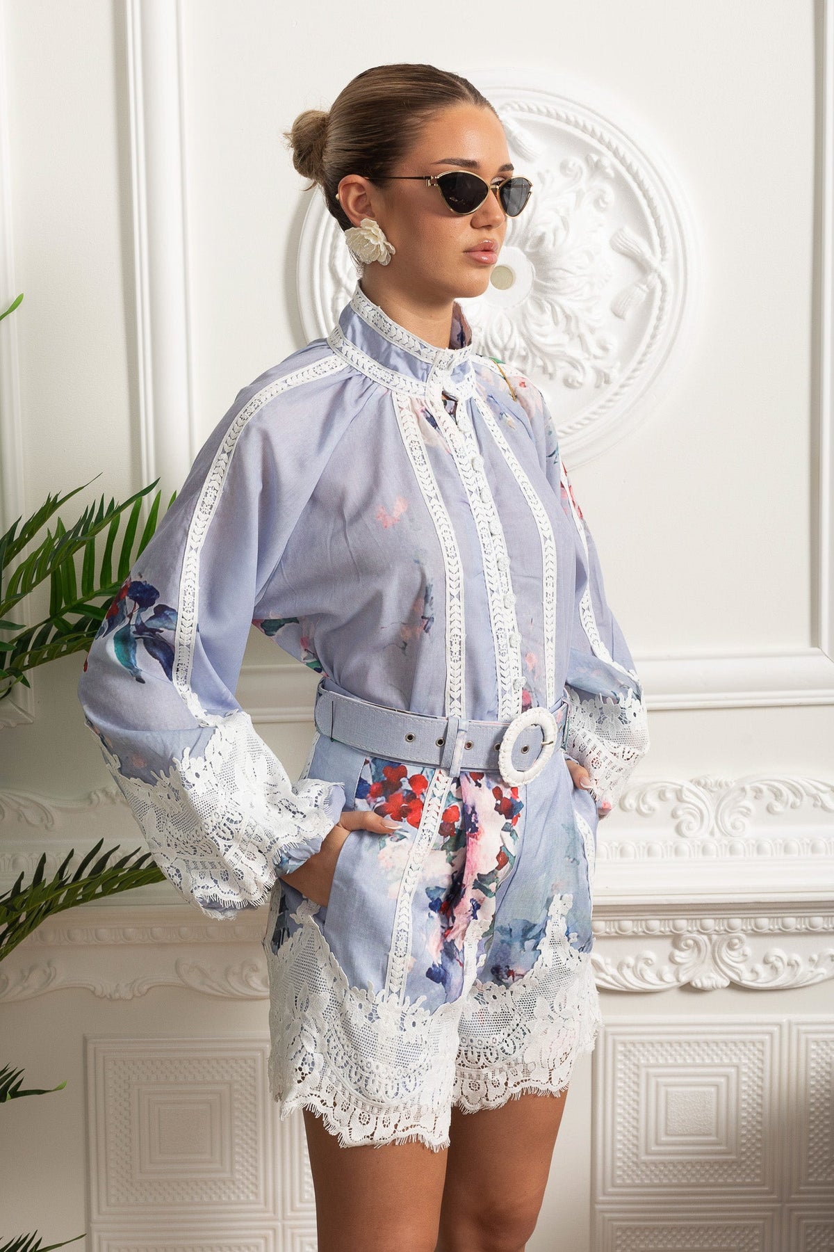 Floral Romper with Lace Insets and Statement Belt - Powder Blue