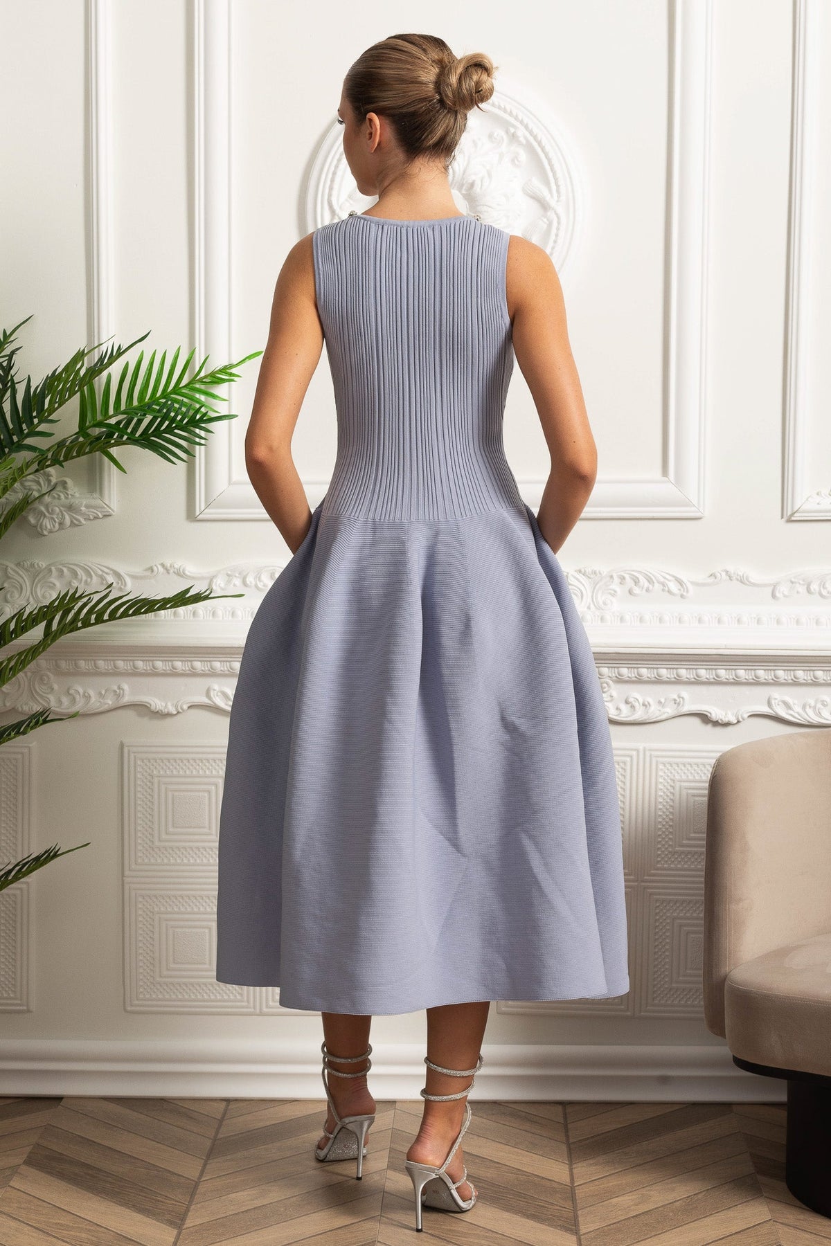 Beaded Scoop-Neck Ribbed Midi Dress - Baby Blue