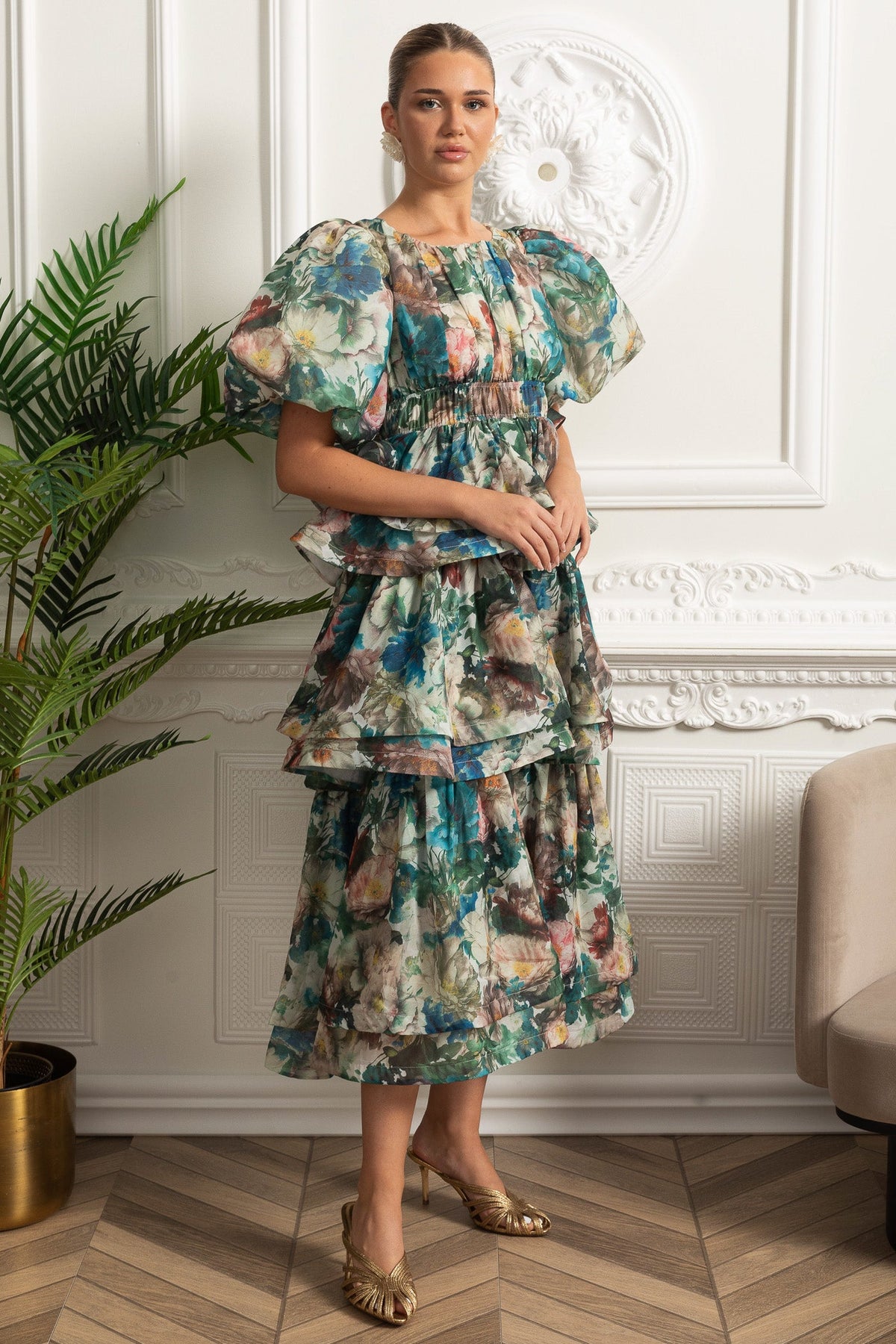 Puff Sleeve Tiered Ruffle Midi Dress - Green
