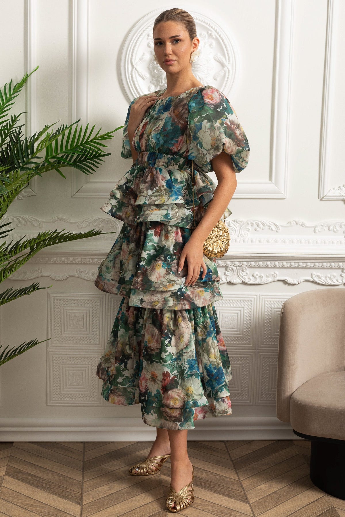 Puff Sleeve Tiered Ruffle Midi Dress - Green
