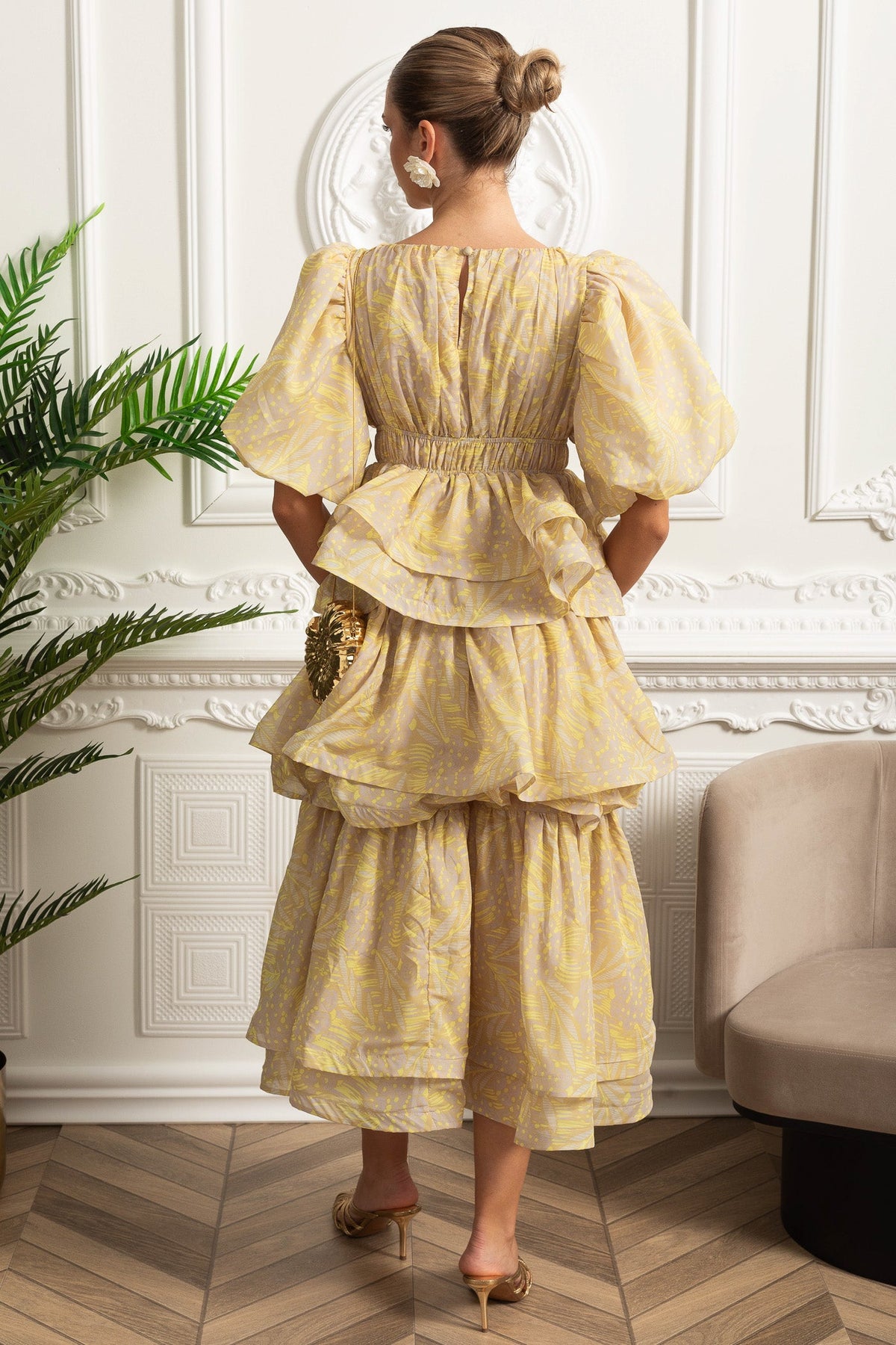 Puff Sleeve Tiered Ruffle Midi Dress - Yellow