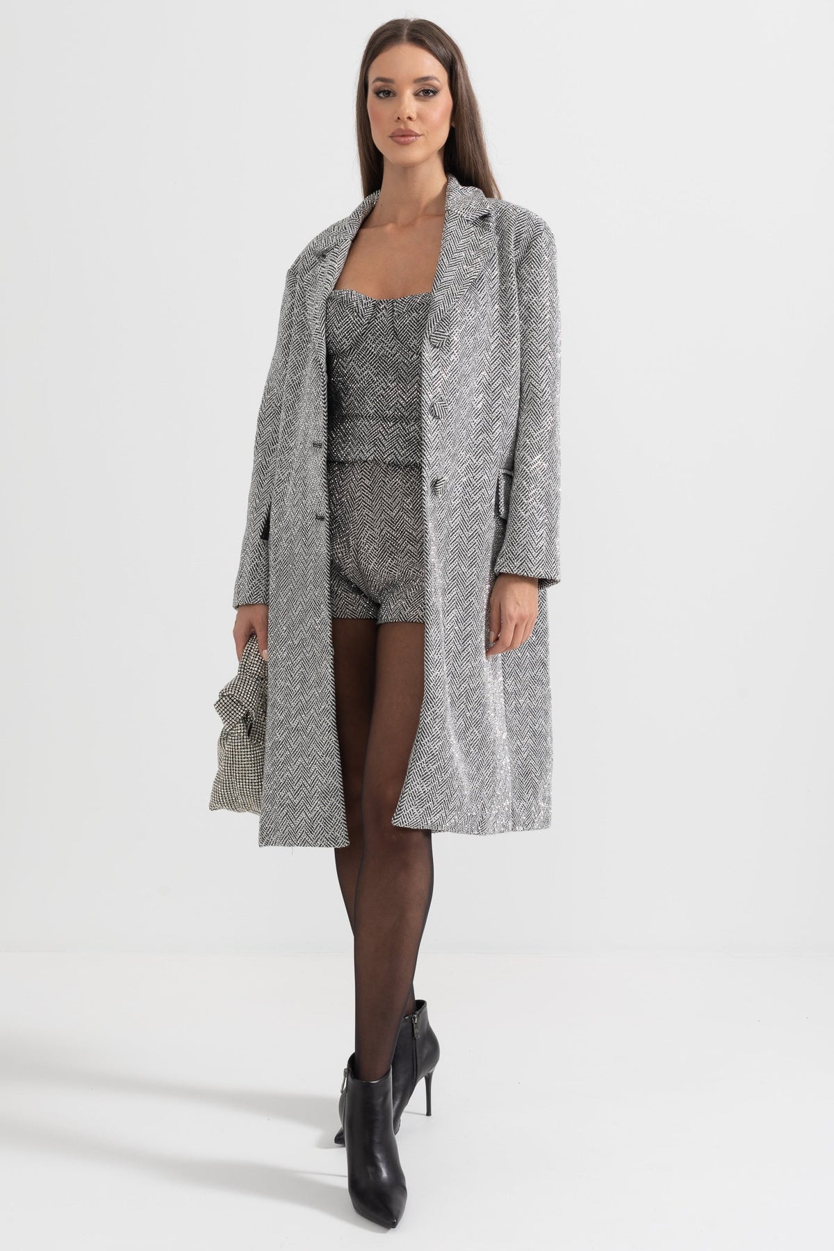 Herringbone Belted Coat - Silver