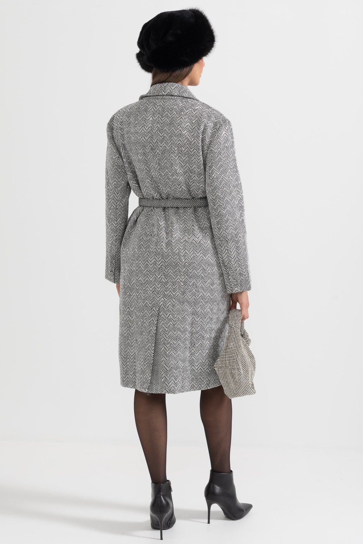 Herringbone Belted Coat - Silver