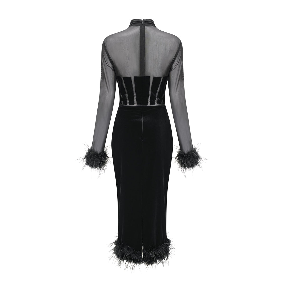 Jeanne feather-trim velvet midi dress