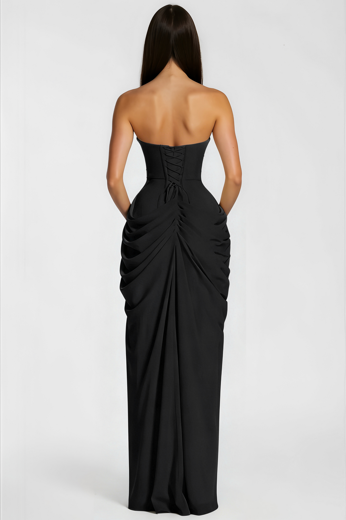 Safiya Black Ruched Maxi Dress with Cross Front