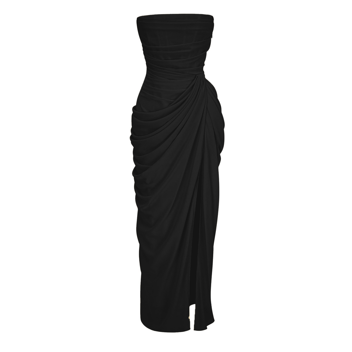 Safiya Black Ruched Maxi Dress with Cross Front