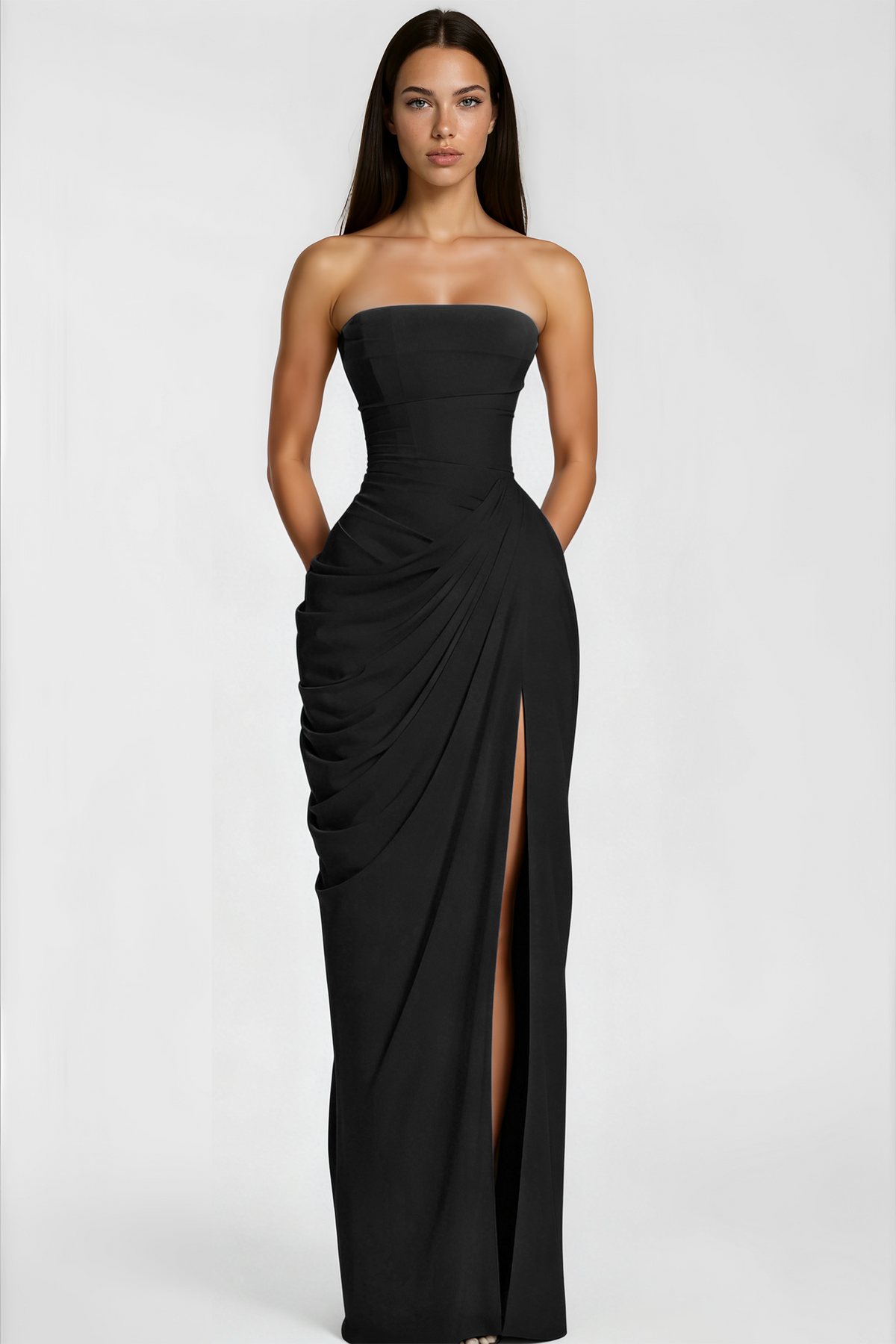 Safiya Black Ruched Maxi Dress with Cross Front