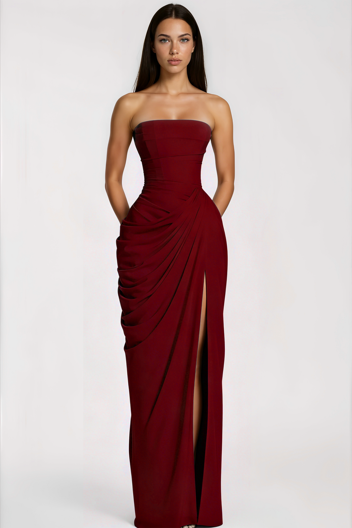 Safiya Burgundy Ruched Maxi Dress with Cross Front