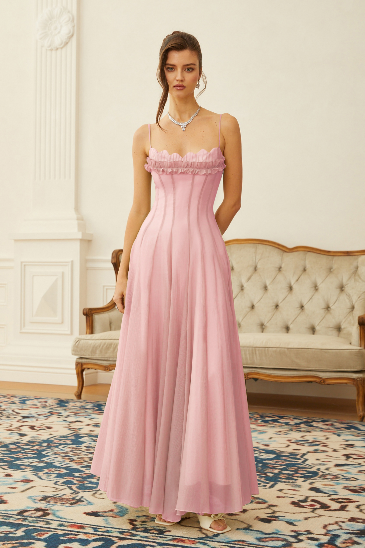 Sakura Ruffled Shirred Tulle Maxi Dress