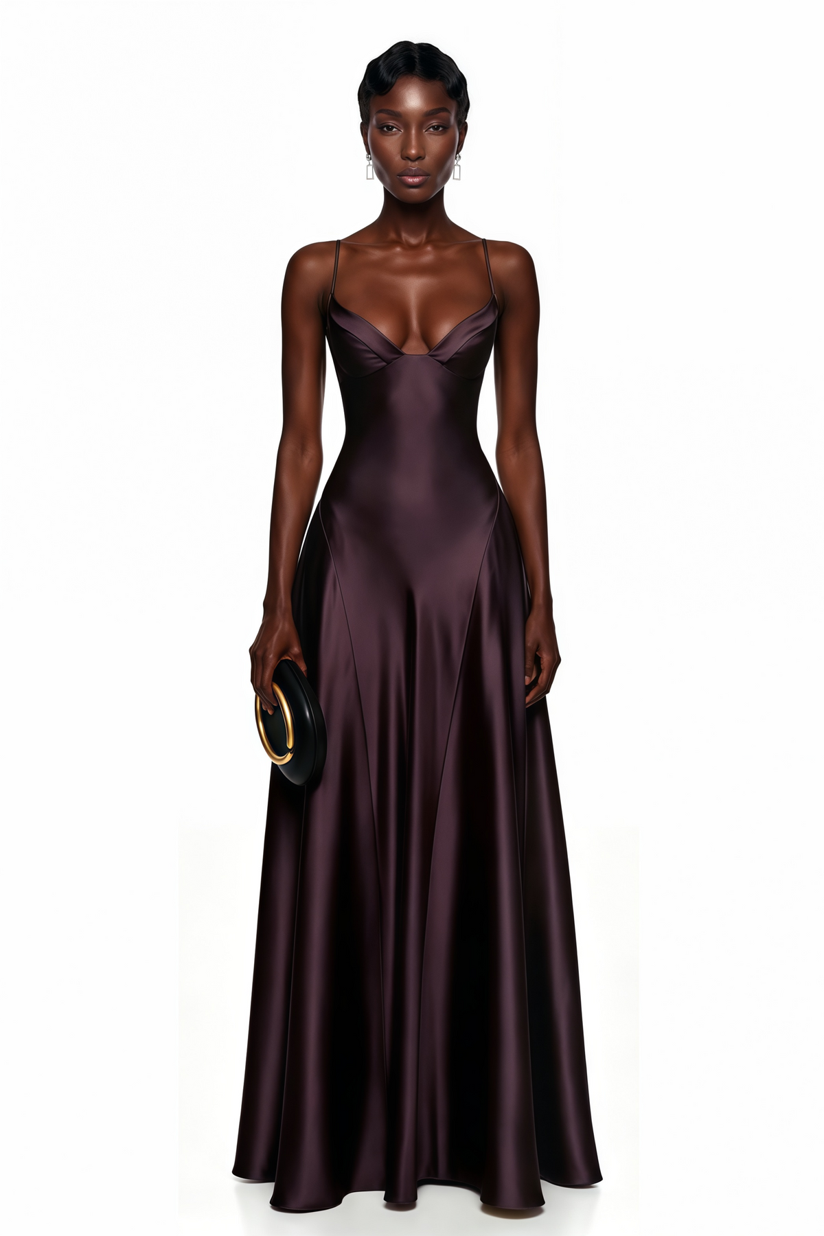 Salomé Purple V-Neck Flared Satin Maxi Dress