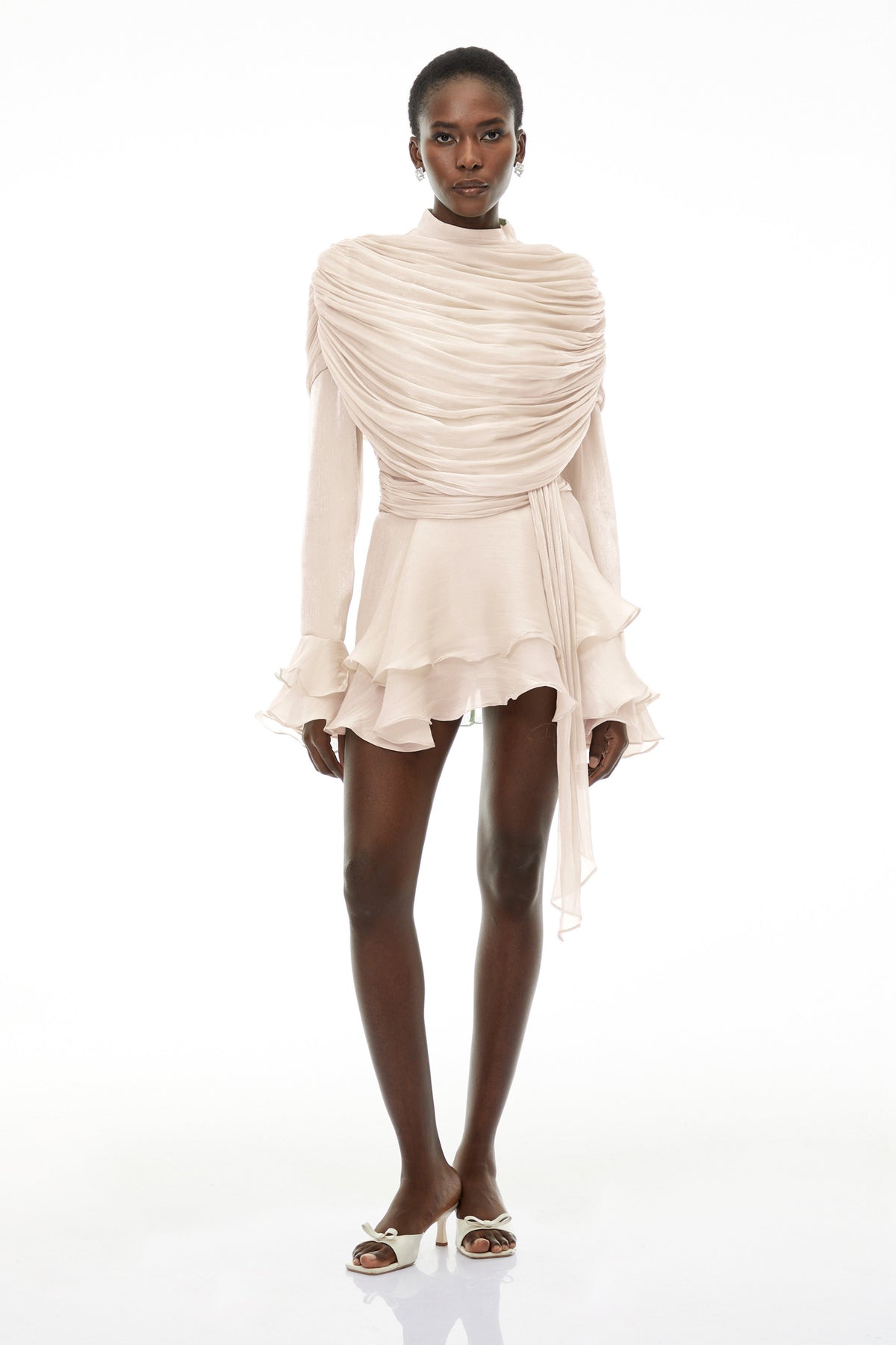 Samira Cream Ruffled Ruched Mini Dress with Ribbon