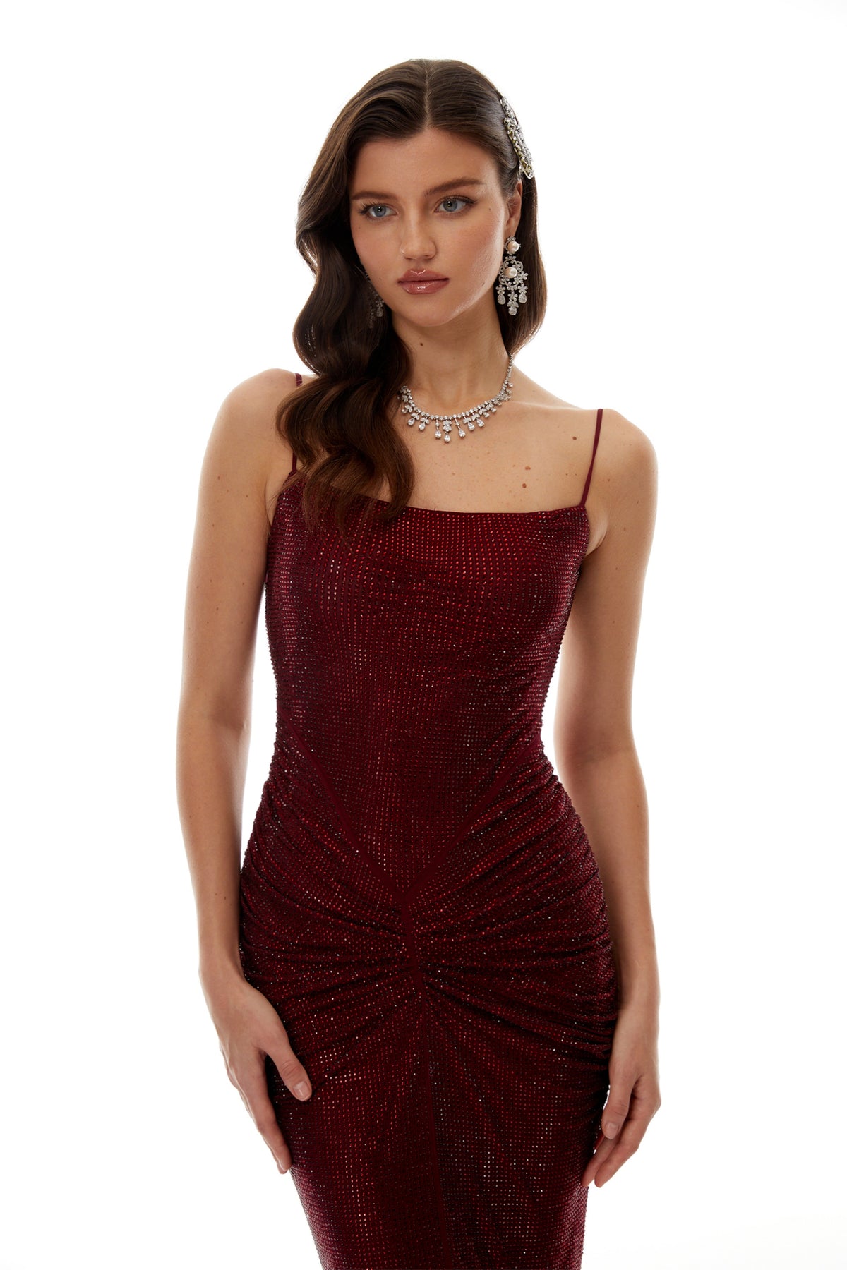 Sara Burgundy Rhinestone Ruched Maxi Gown