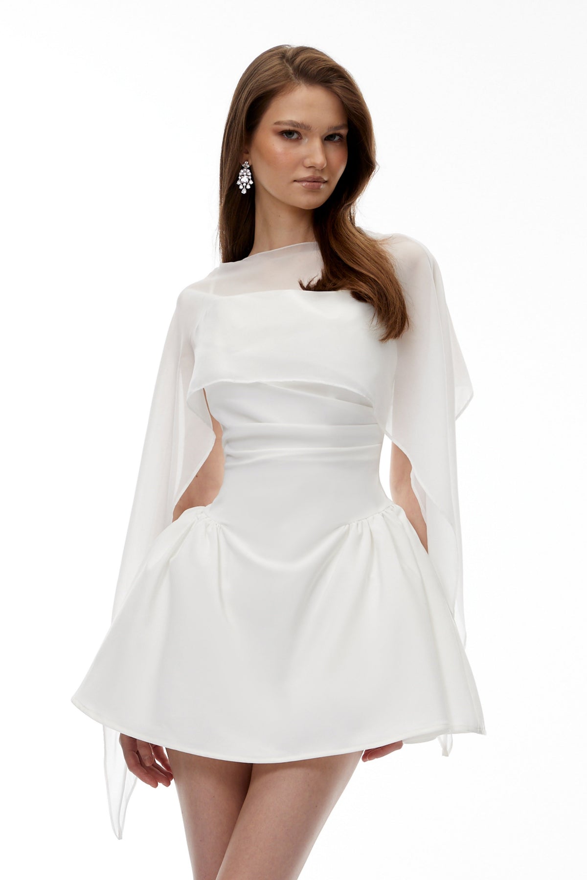 Sarah White Cinched Waist Mini Dress with Cape