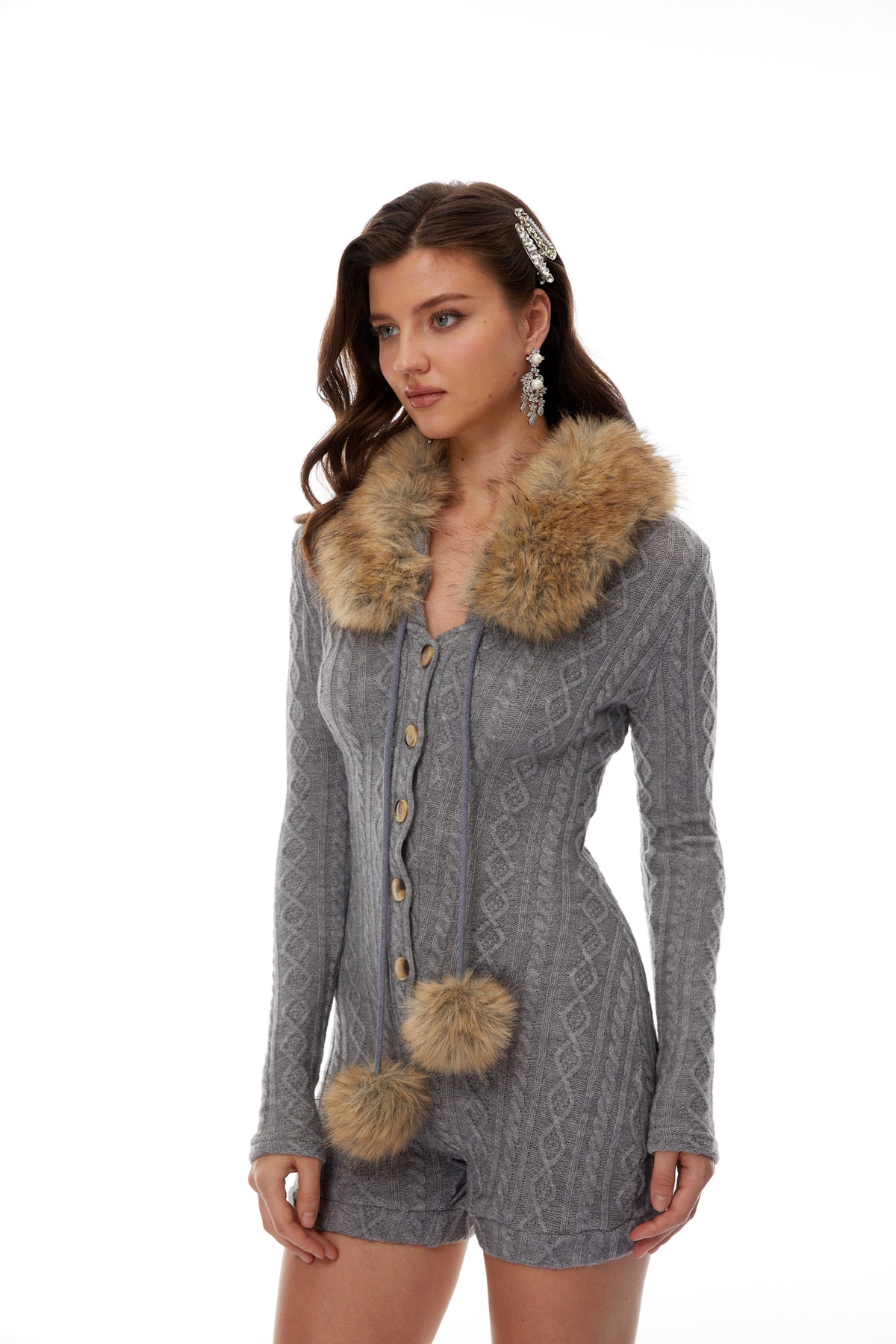 Saskia Grey Fur Trim Stretch Rib-Knit Playsuit (Final Sale)