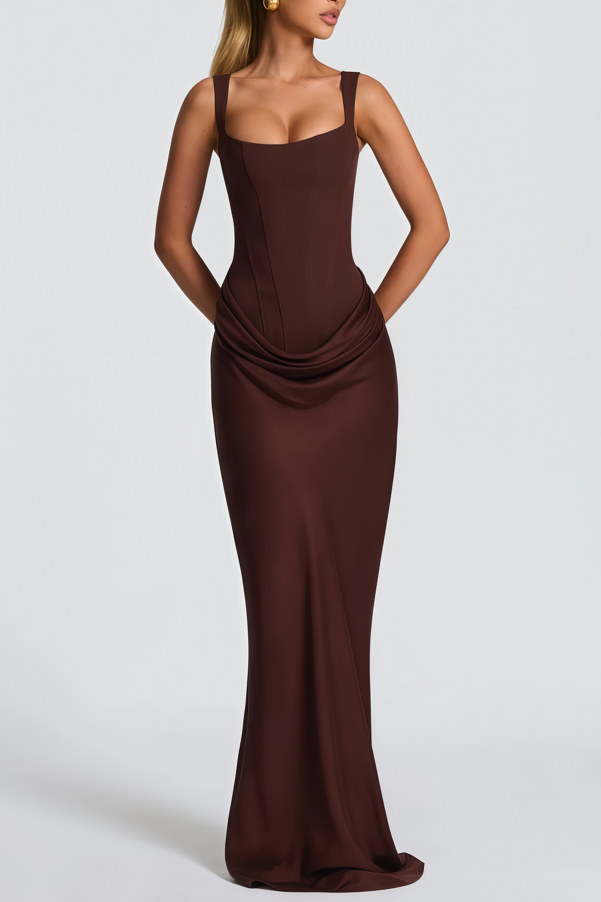 Paulette Brown Ruched Corset Maxi Dress (Final Sale-US Only)