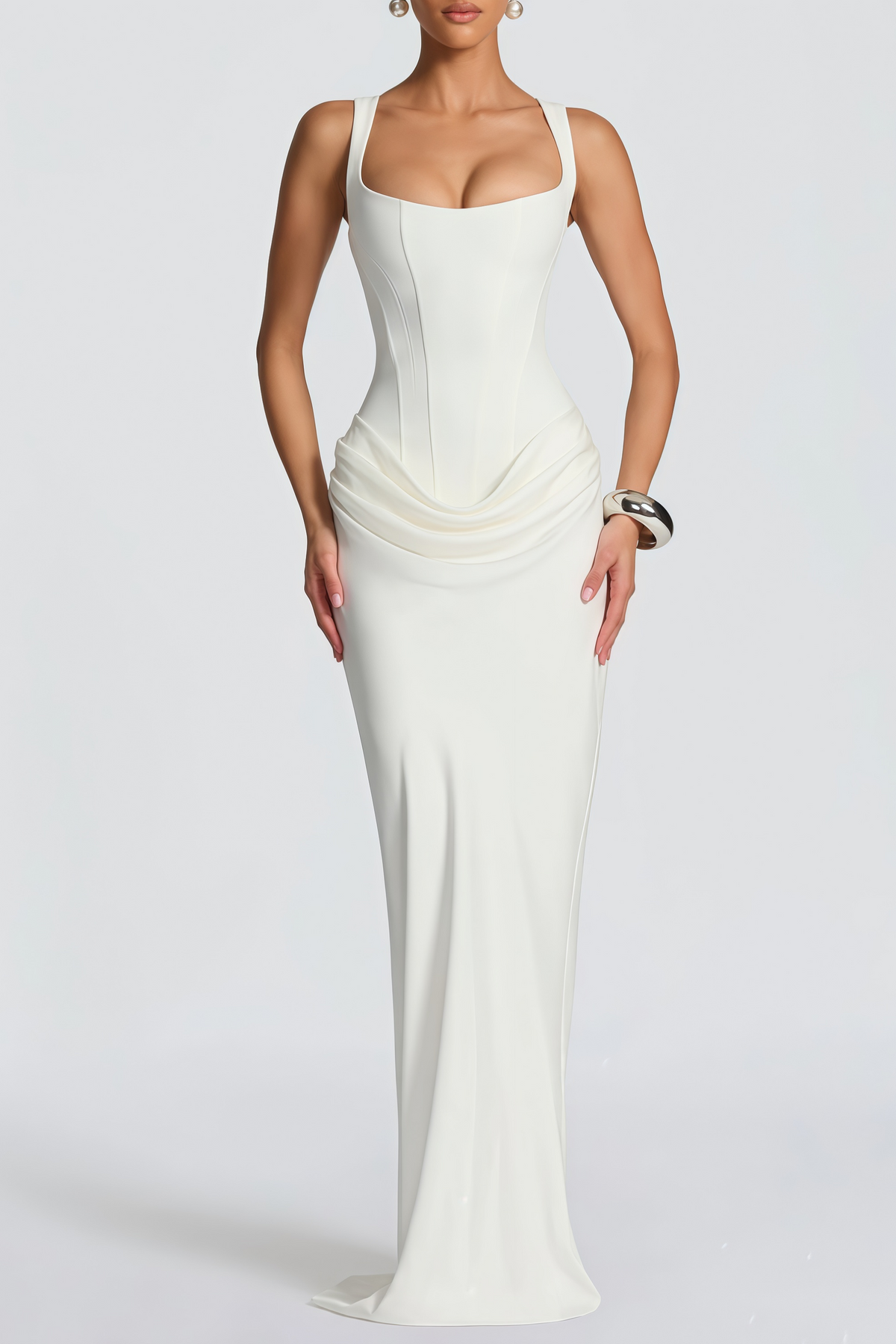 Paulette White Ruched Corset Maxi Dress (Final Sale-US Only)