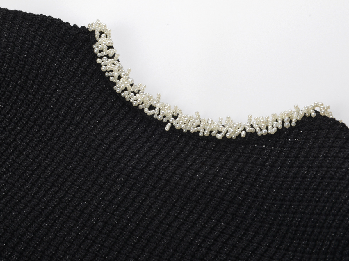 Black Pearl Trim Knit Midi Dress